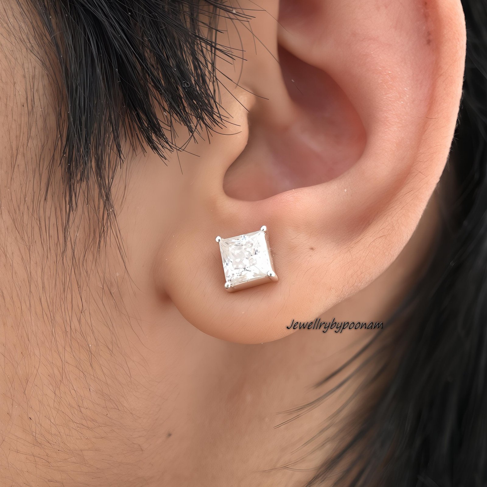 925 Sterling Silver Princess Cut Moissanite Stud Earrings, Minimalist Earrings, 6 mm Square Studs - Jewelry By Poonam | SKU: 925 Sterling Silver Princess Cut Moissanite Stud Earrings, Minimalist Earrings, 6 mm Square Studs - Jewelry By Poonam | SKU:
