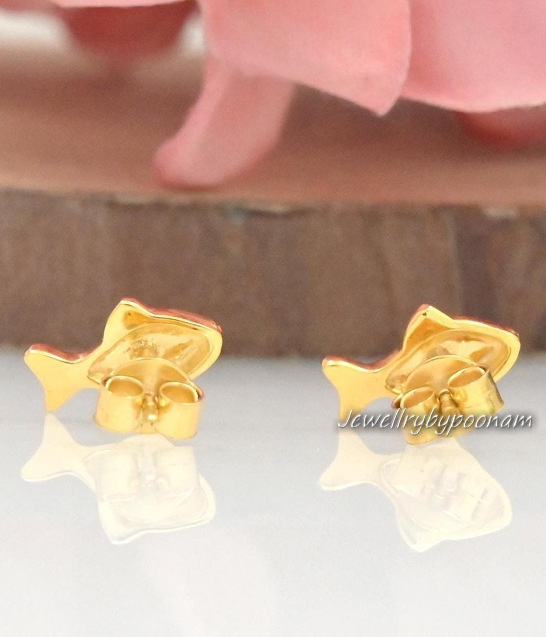925 Sterling Silver Puff Fish Stud Earrings, Tiny Lucky Gold Fish (12MM) - View 2 - Jewelry By Poonam | SKU: PJE1814-SLYG-10M 925 Sterling Silver Puff Fish Stud Earrings, Tiny Lucky Gold Fish (12MM) - View 2 - Jewelry By Poonam | SKU: PJE1814-SLYG-10M