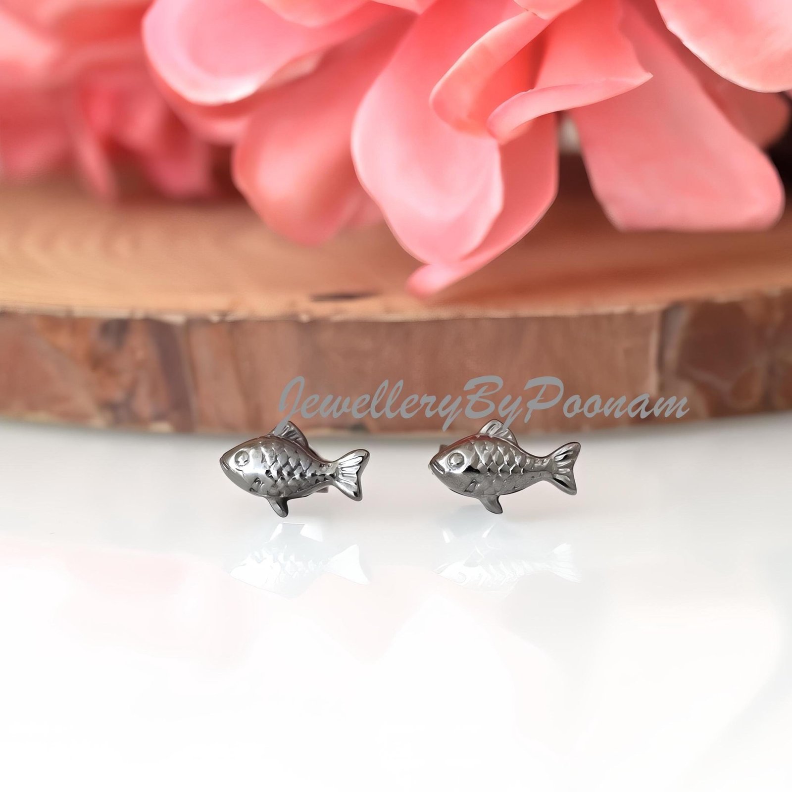 925 Sterling Silver Puff Fish Stud Earrings, Tiny Lucky Gold Fish (12MM) - View 3 - Jewelry By Poonam | SKU: PJE1814-SLYG-10M 925 Sterling Silver Puff Fish Stud Earrings, Tiny Lucky Gold Fish (12MM) - View 3 - Jewelry By Poonam | SKU: PJE1814-SLYG-10M