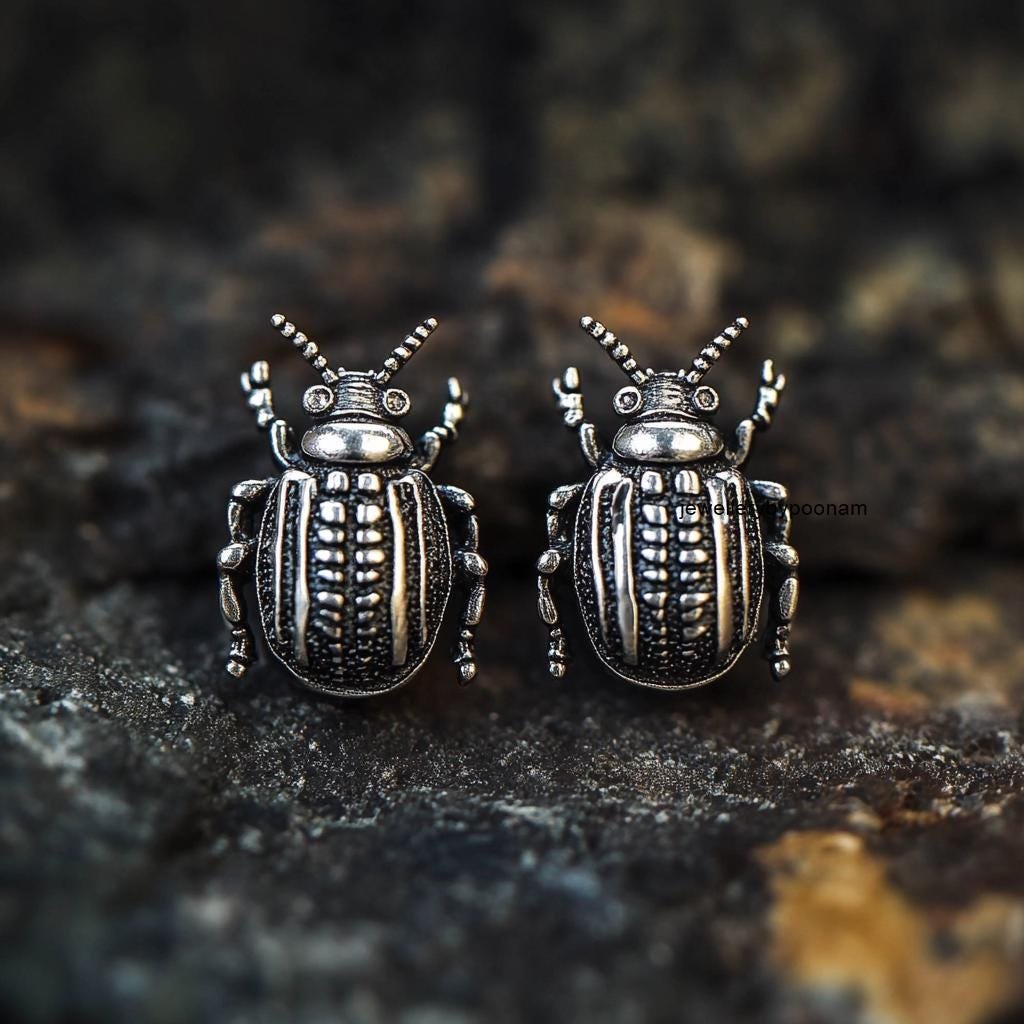 925 Sterling Silver Scarab Beetle Stud Earrings: Carved Silver Egyptian Jewelry - Jewelry By Poonam | SKU: PJE- 925 Sterling Silver Scarab Beetle Stud Earrings: Carved Silver Egyptian Jewelry - Jewelry By Poonam | SKU: PJE-