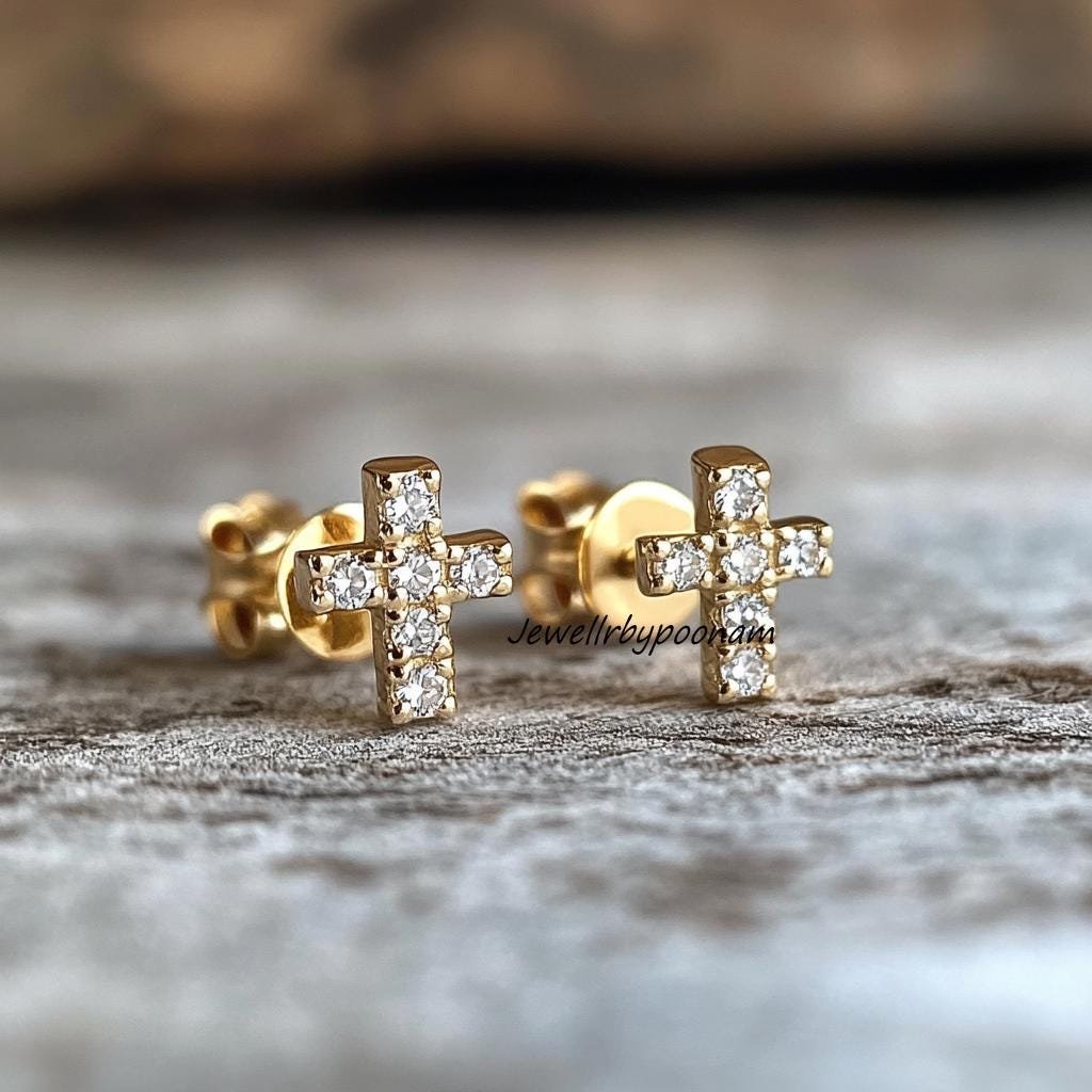 925 Sterling Silver Small Cross Earrings — Dainty Cubic Zirconia Studs - View 2 - Jewelry By Poonam | SKU: PJE- 925 Sterling Silver Small Cross Earrings — Dainty Cubic Zirconia Studs - View 2 - Jewelry By Poonam | SKU: PJE-