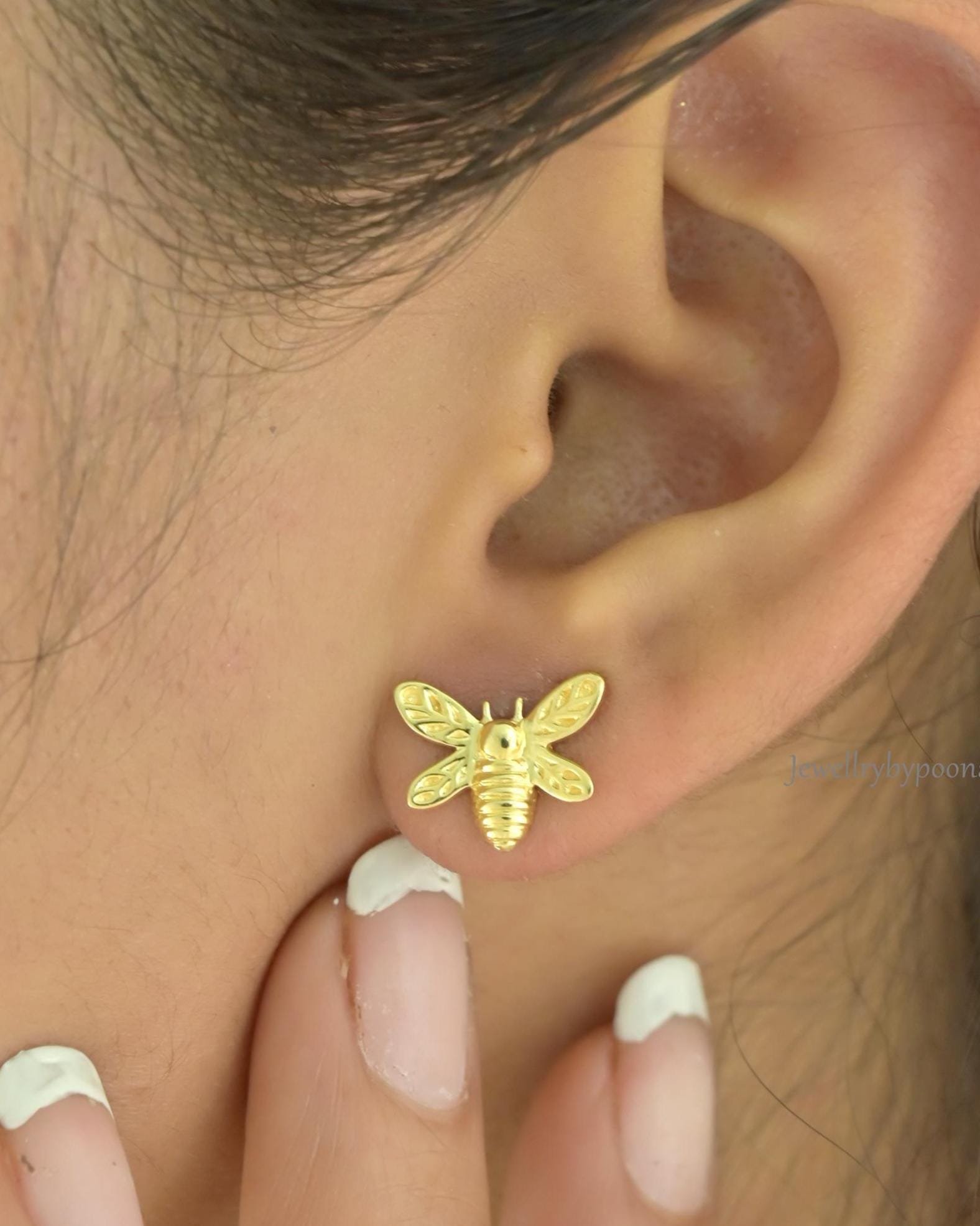 925 Sterling Silver Tiny Bee Stud Earrings: Dainty Bumblebee Jewellery - View 2 - Jewelry By Poonam | SKU: PJE,PJE1998-SLYG-1 925 Sterling Silver Tiny Bee Stud Earrings: Dainty Bumblebee Jewellery - View 2 - Jewelry By Poonam | SKU: PJE,PJE1998-SLYG-1