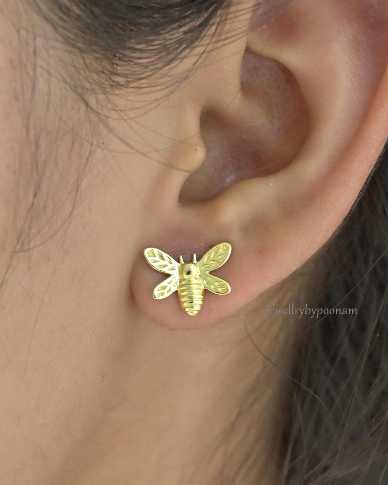 925 Sterling Silver Tiny Bee Stud Earrings: Dainty Bumblebee Jewellery - View 3 - Jewelry By Poonam | SKU: PJE,PJE1998-SLYG-1 925 Sterling Silver Tiny Bee Stud Earrings: Dainty Bumblebee Jewellery - View 3 - Jewelry By Poonam | SKU: PJE,PJE1998-SLYG-1