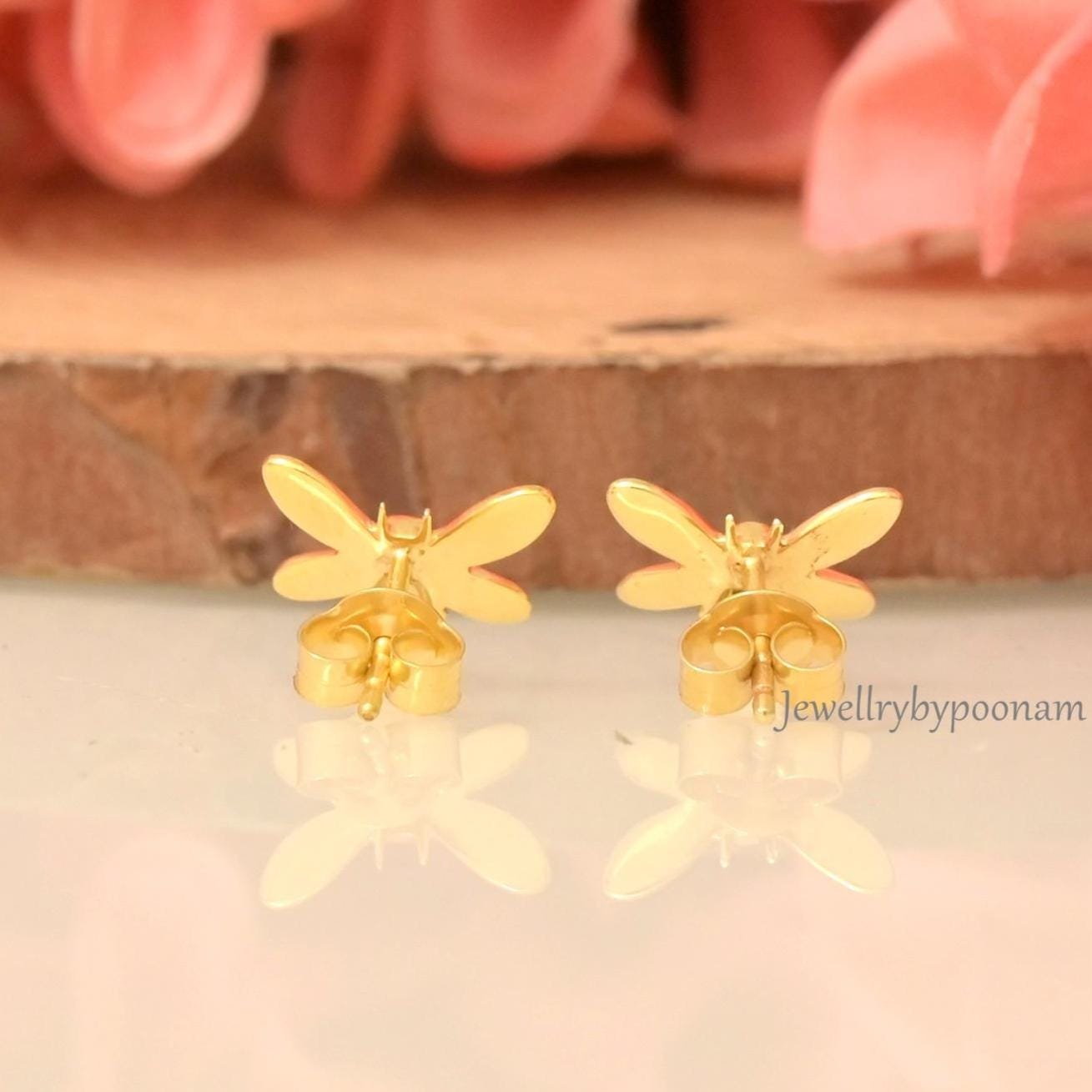 925 Sterling Silver Tiny Bee Stud Earrings: Dainty Bumblebee Jewellery - View 4 - Jewelry By Poonam | SKU: PJE,PJE1998-SLYG-1 925 Sterling Silver Tiny Bee Stud Earrings: Dainty Bumblebee Jewellery - View 4 - Jewelry By Poonam | SKU: PJE,PJE1998-SLYG-1