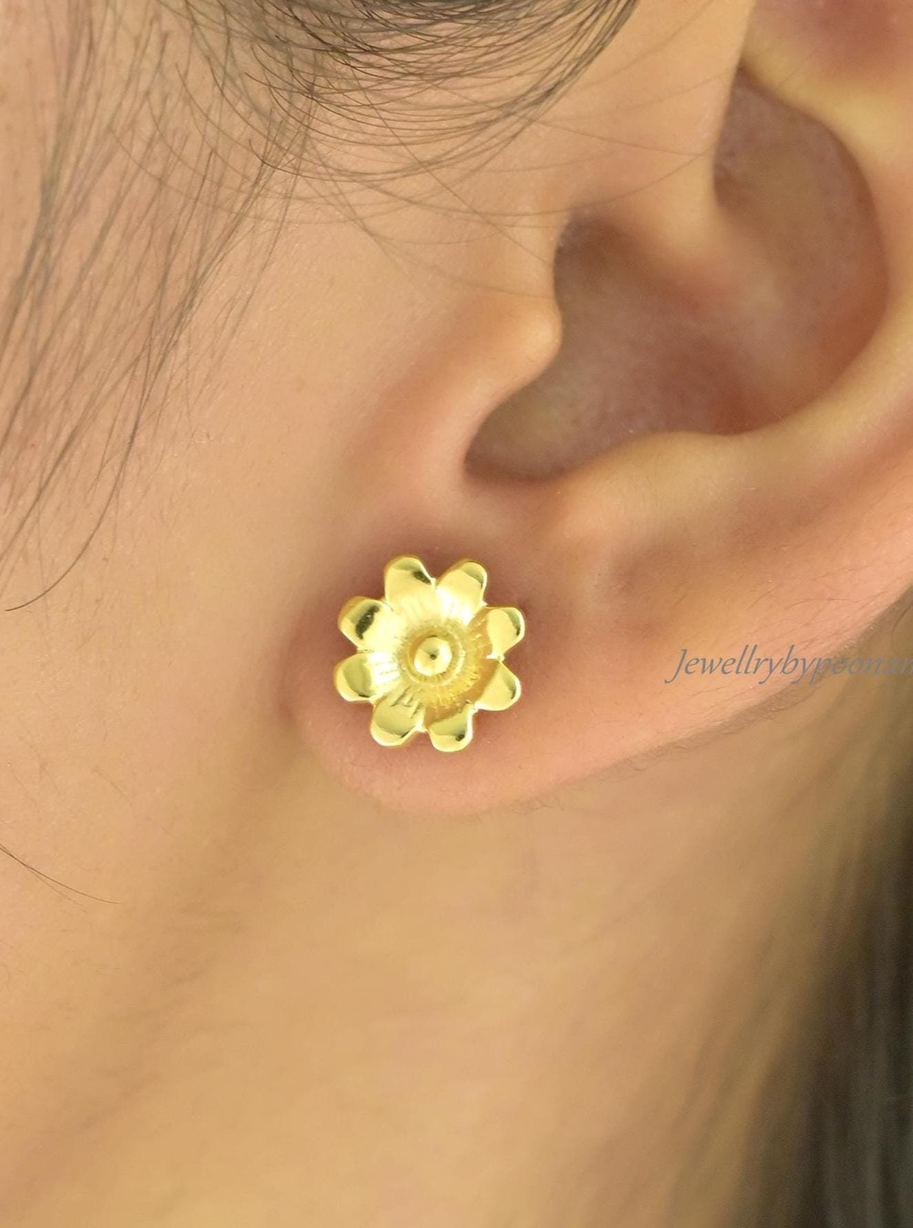 925 Sterling Silver Tiny Daisy Stud Earrings: Delicate Flower Jewelry - View 6 - Jewelry By Poonam | SKU: PJE2018-SLYG-10M,PJ 925 Sterling Silver Tiny Daisy Stud Earrings: Delicate Flower Jewelry - View 6 - Jewelry By Poonam | SKU: PJE2018-SLYG-10M,PJ
