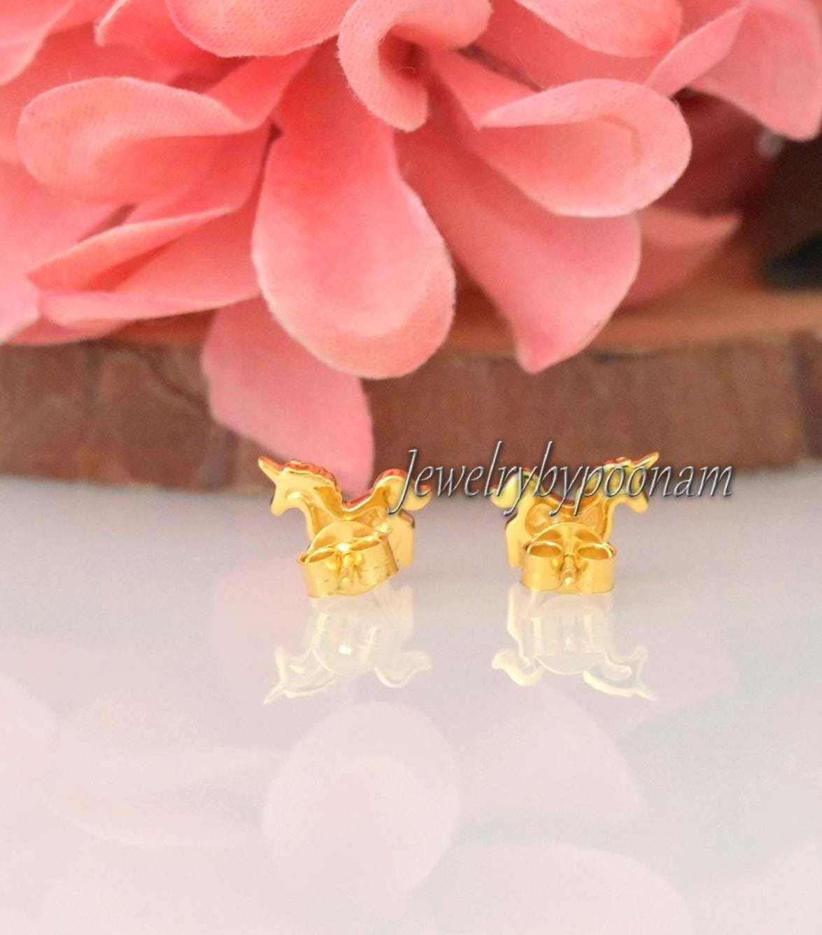 925 Sterling Silver Unicorn Stud Earrings — Dainty Flying Horse Jewelry - View 2 - Jewelry By Poonam | SKU: PJE1886-SLYG-10M 925 Sterling Silver Unicorn Stud Earrings — Dainty Flying Horse Jewelry - View 2 - Jewelry By Poonam | SKU: PJE1886-SLYG-10M