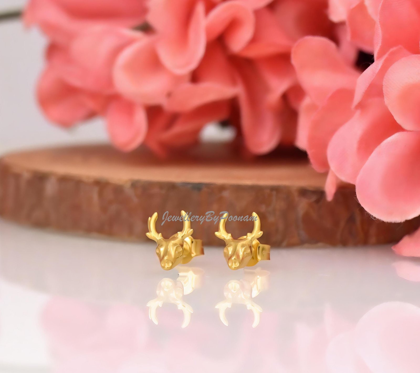 925 Sterling Silver Yellow Gold-Plated Stag Skull Earrings: Threadless Reindeer Studs - Jewelry By Poonam | SKU: PJE1979 2/2 925 Sterling Silver Yellow Gold-Plated Stag Skull Earrings: Threadless Reindeer Studs - Jewelry By Poonam | SKU: PJE1979 2/2