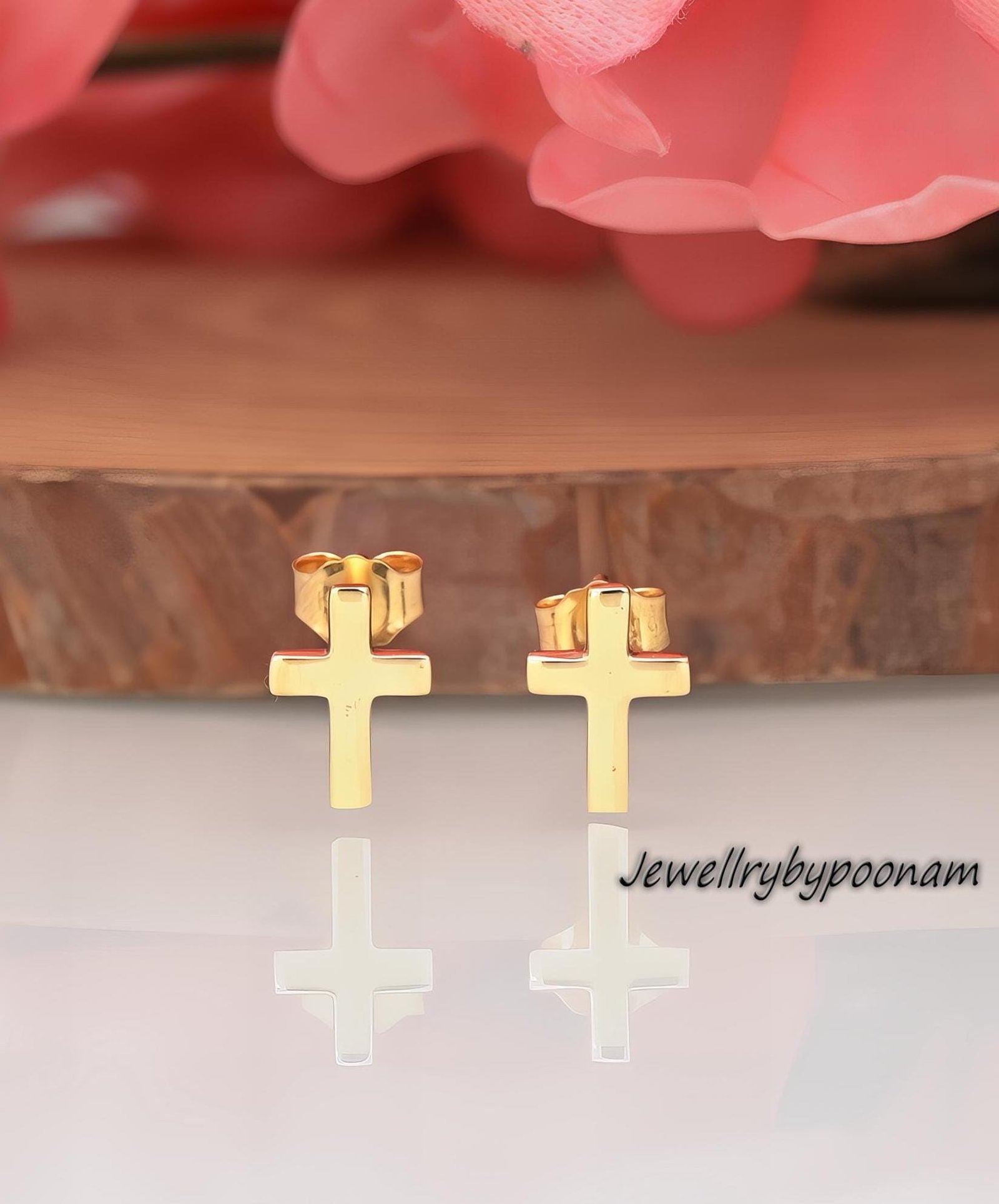 9k/14k & 925 Sterling Silver Cross Stud Earrings: Dainty Handmade Jewelry - Jewelry By Poonam | SKU: PJE1662-14KYG-10M 2/202 9k/14k & 925 Sterling Silver Cross Stud Earrings: Dainty Handmade Jewelry - Jewelry By Poonam | SKU: PJE1662-14KYG-10M 2/202