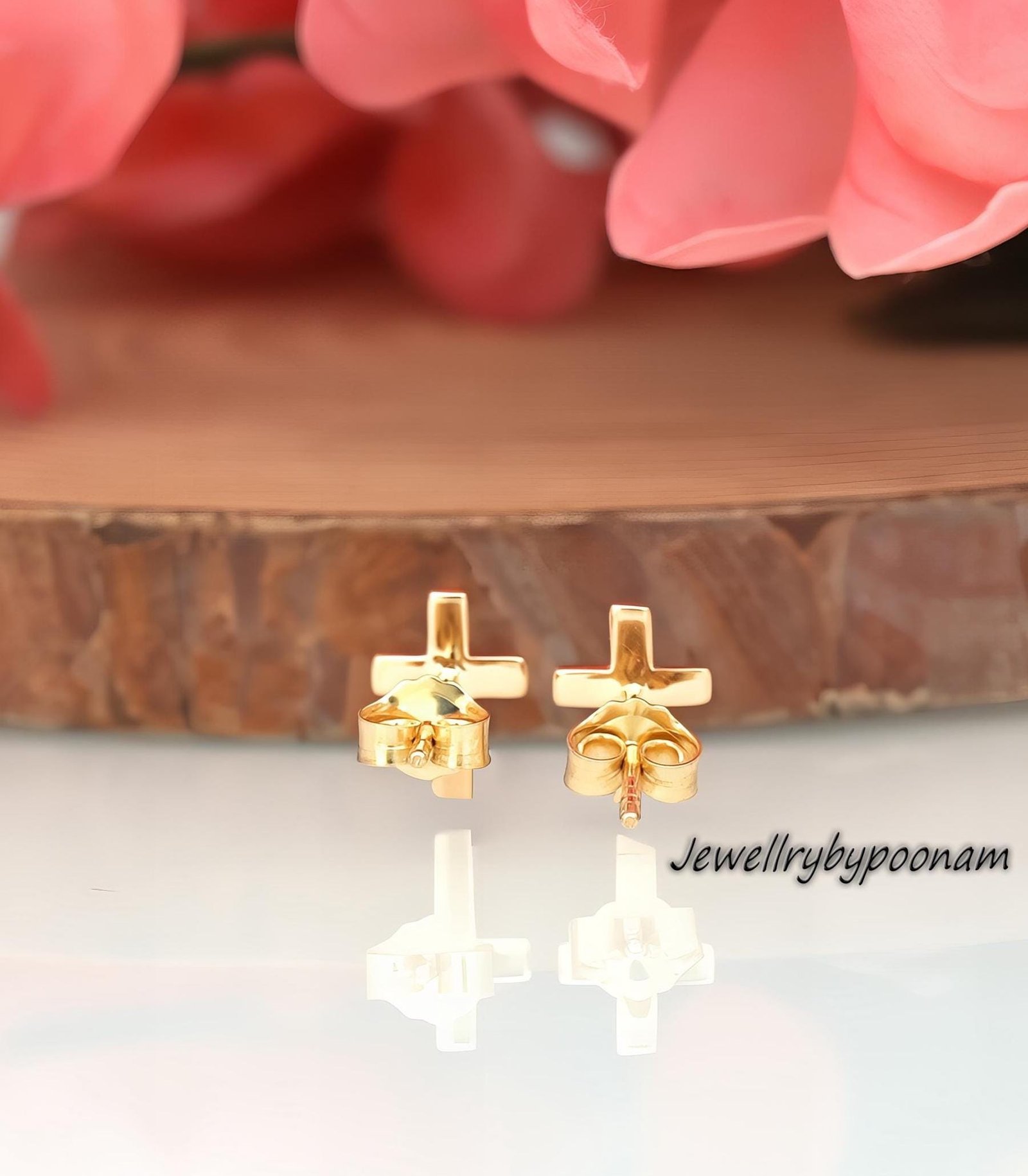 9k/14k & 925 Sterling Silver Cross Stud Earrings: Dainty Handmade Jewelry - View 2 - Jewelry By Poonam | SKU: PJE1662-14KYG-1 9k/14k & 925 Sterling Silver Cross Stud Earrings: Dainty Handmade Jewelry - View 2 - Jewelry By Poonam | SKU: PJE1662-14KYG-1