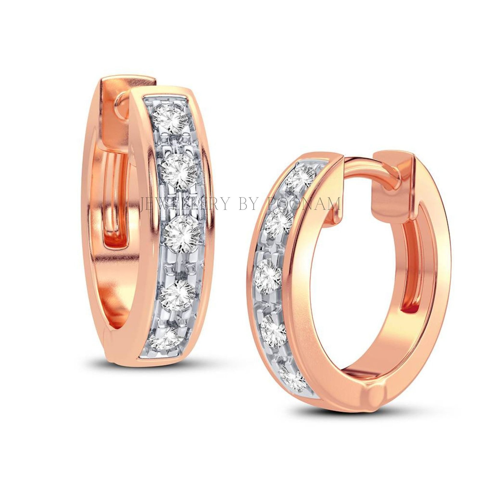 9k/14k & 925 Sterling Silver Moissanite/CZ Rose Gold Huggie Hoop Earrings - View 2 - Jewelry By Poonam | SKU: E-126 9k/14k & 925 Sterling Silver Moissanite/CZ Rose Gold Huggie Hoop Earrings - View 2 - Jewelry By Poonam | SKU: E-126