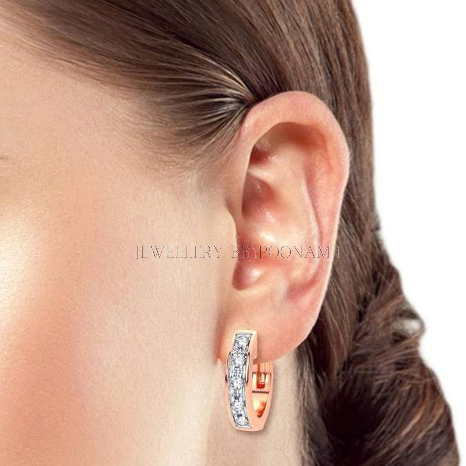 9k/14k & 925 Sterling Silver Moissanite/CZ Rose Gold Huggie Hoop Earrings - View 3 - Jewelry By Poonam | SKU: E-126 9k/14k & 925 Sterling Silver Moissanite/CZ Rose Gold Huggie Hoop Earrings - View 3 - Jewelry By Poonam | SKU: E-126