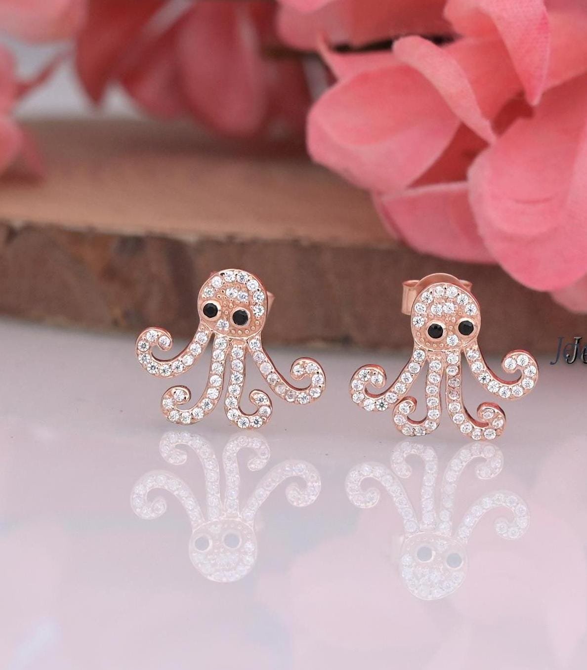 9k/14k Gold & 925 Sterling Silver Octopus Stud Earrings With CZ Black Spinel Eyes - Jewelry By Poonam | SKU: PJE1720-SLRGCZBS 9k/14k Gold & 925 Sterling Silver Octopus Stud Earrings With CZ Black Spinel Eyes - Jewelry By Poonam | SKU: PJE1720-SLRGCZBS