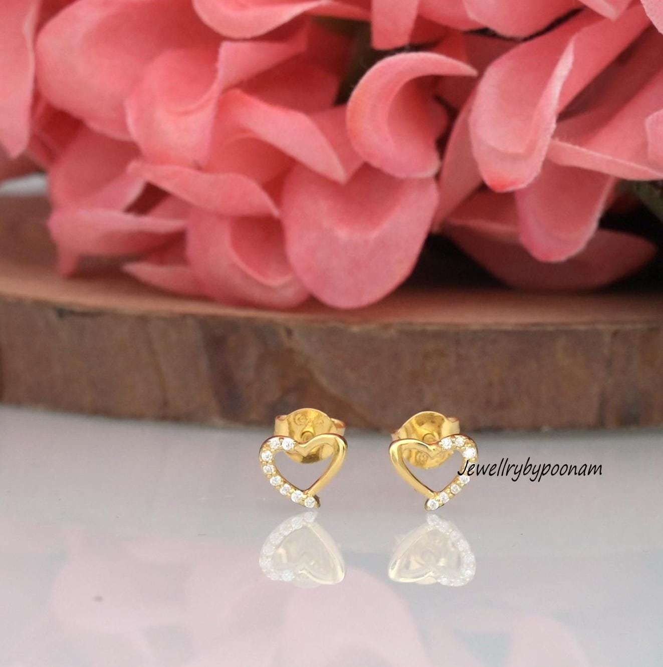 9k/14k Gold Sterling Silver Heart Stud Earrings, Moissanite Cubic Zirconia Detail - Jewelry By Poonam | SKU: PJE1620-SLYGWGMN 9k/14k Gold Sterling Silver Heart Stud Earrings, Moissanite Cubic Zirconia Detail - Jewelry By Poonam | SKU: PJE1620-SLYGWGMN