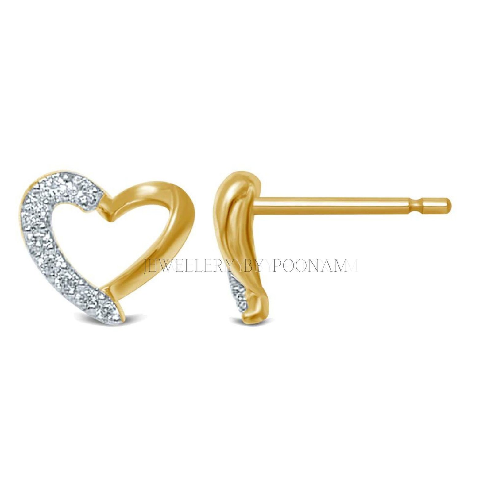 9k/14k Gold Sterling Silver Heart Stud Earrings, Moissanite Cubic Zirconia Detail - View 3 - Jewelry By Poonam | SKU: PJE1620 9k/14k Gold Sterling Silver Heart Stud Earrings, Moissanite Cubic Zirconia Detail - View 3 - Jewelry By Poonam | SKU: PJE1620