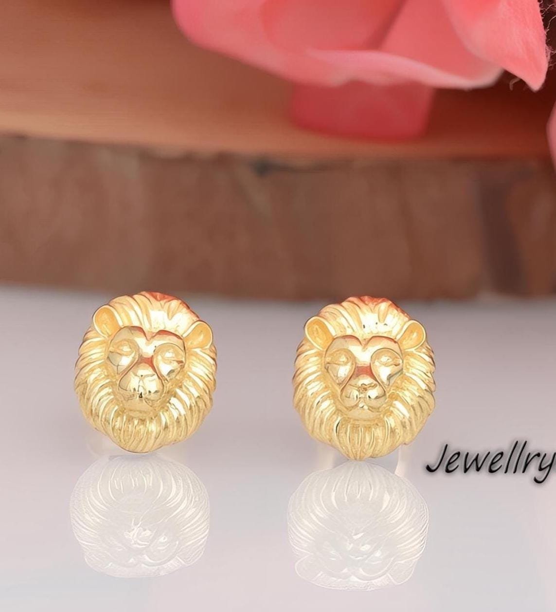9k/14k Gold Sterling Silver Lion Head Earrings, Dainty Leo Zodiac Studs - Jewelry By Poonam | SKU: PJE1700-SLYG-10M 2/26 9k/14k Gold Sterling Silver Lion Head Earrings, Dainty Leo Zodiac Studs - Jewelry By Poonam | SKU: PJE1700-SLYG-10M 2/26