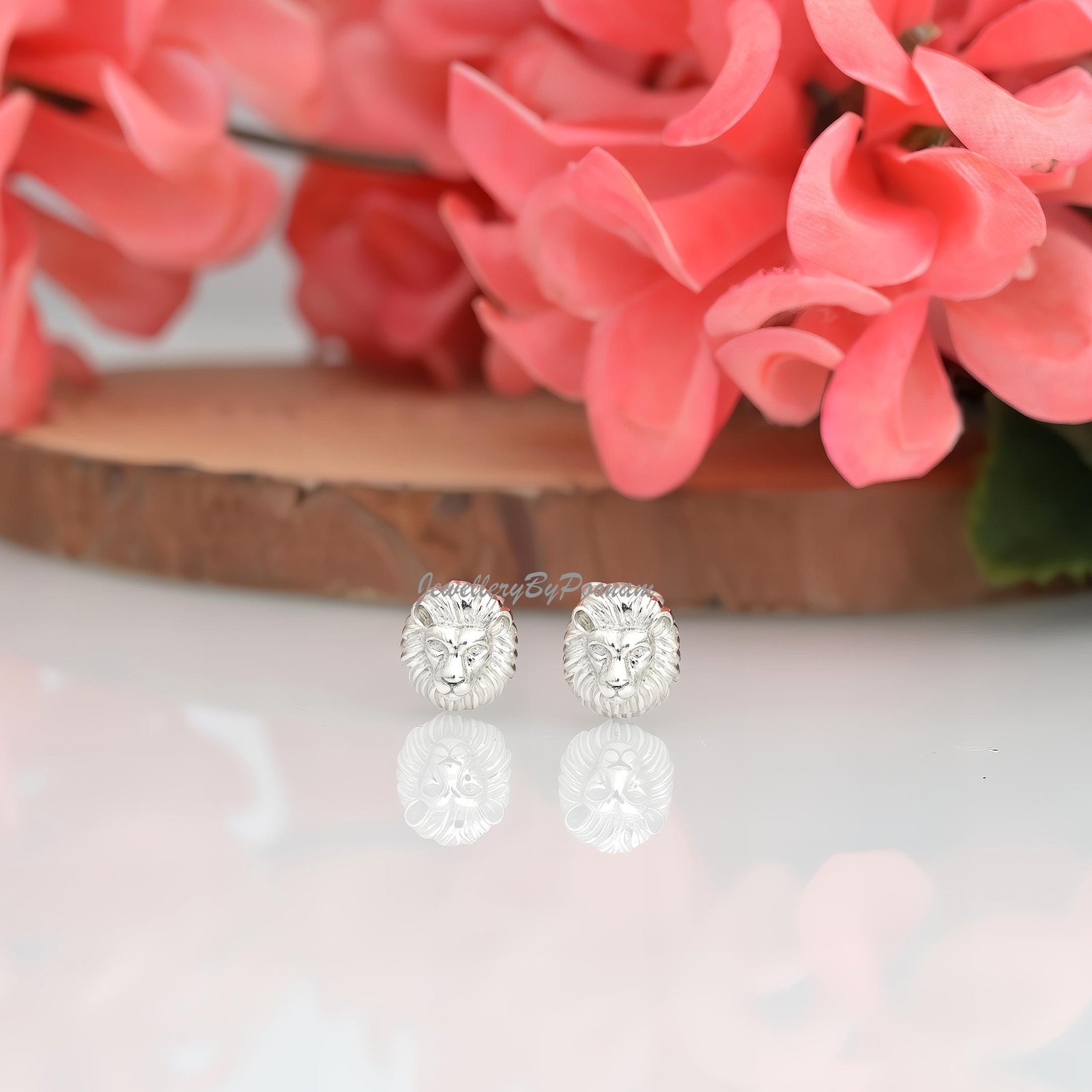 9k/14k Gold Sterling Silver Lion Head Earrings, Dainty Leo Zodiac Studs - View 3 - Jewelry By Poonam | SKU: PJE1700-SLYG-10M 9k/14k Gold Sterling Silver Lion Head Earrings, Dainty Leo Zodiac Studs - View 3 - Jewelry By Poonam | SKU: PJE1700-SLYG-10M