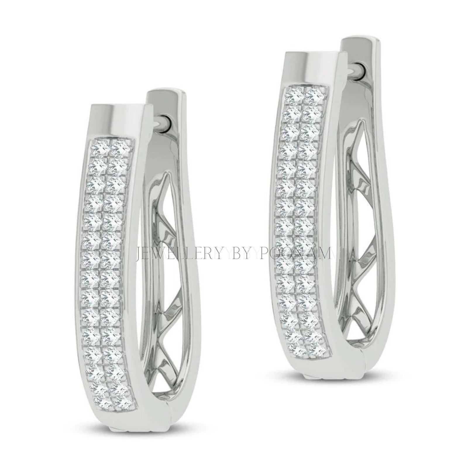 9K/14K White Gold & 925 Sterling Silver Moissanite Hoop Earrings: Baguette Huggie Style - Jewelry By Poonam | SKU: E-129 9K/14K White Gold & 925 Sterling Silver Moissanite Hoop Earrings: Baguette Huggie Style - Jewelry By Poonam | SKU: E-129
