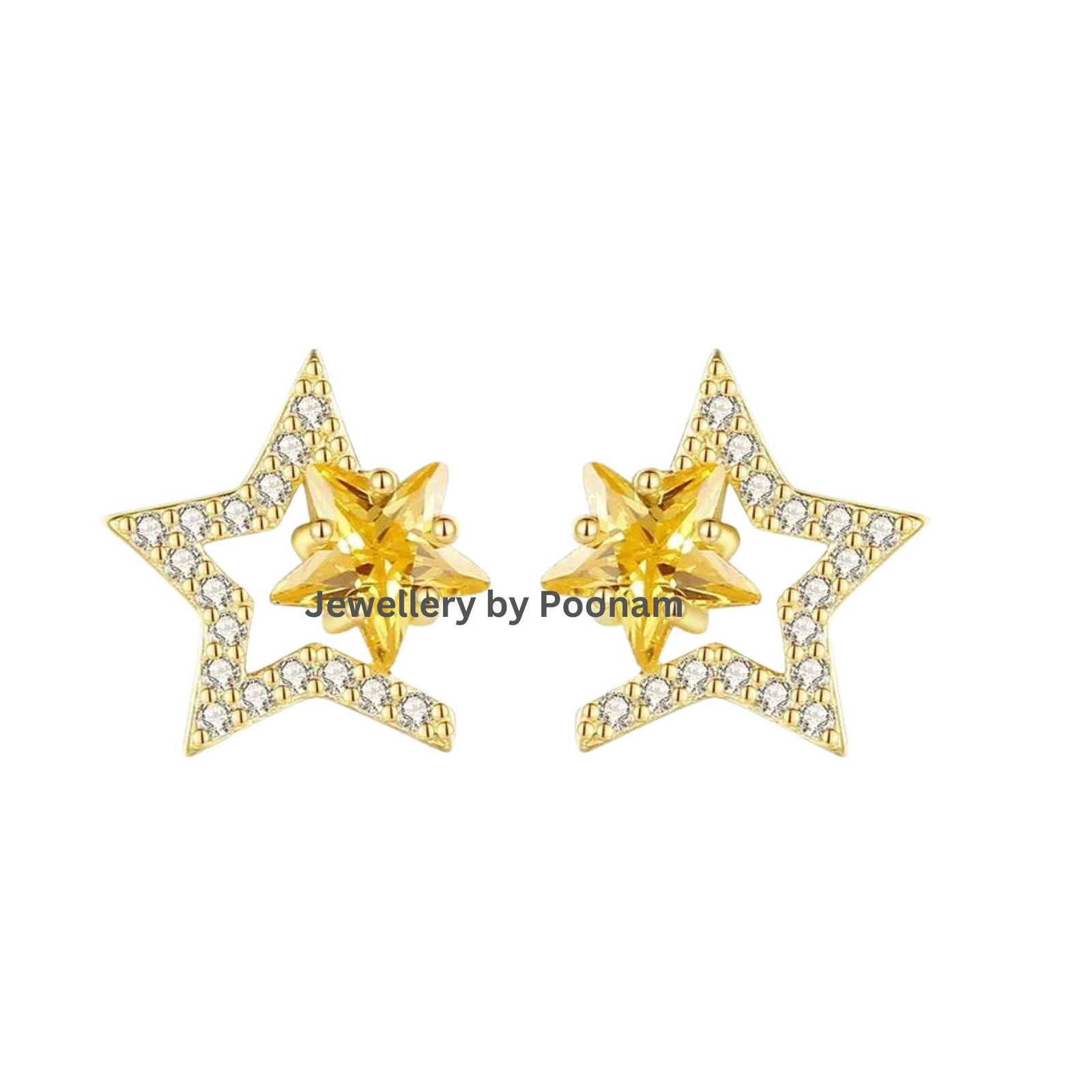 9K/14K Yellow Gold & 925 Sterling Moissanite Star Stud Earrings: CZ Double Star Design - Jewelry By Poonam | SKU: E-102 9K/14K Yellow Gold & 925 Sterling Moissanite Star Stud Earrings: CZ Double Star Design - Jewelry By Poonam | SKU: E-102