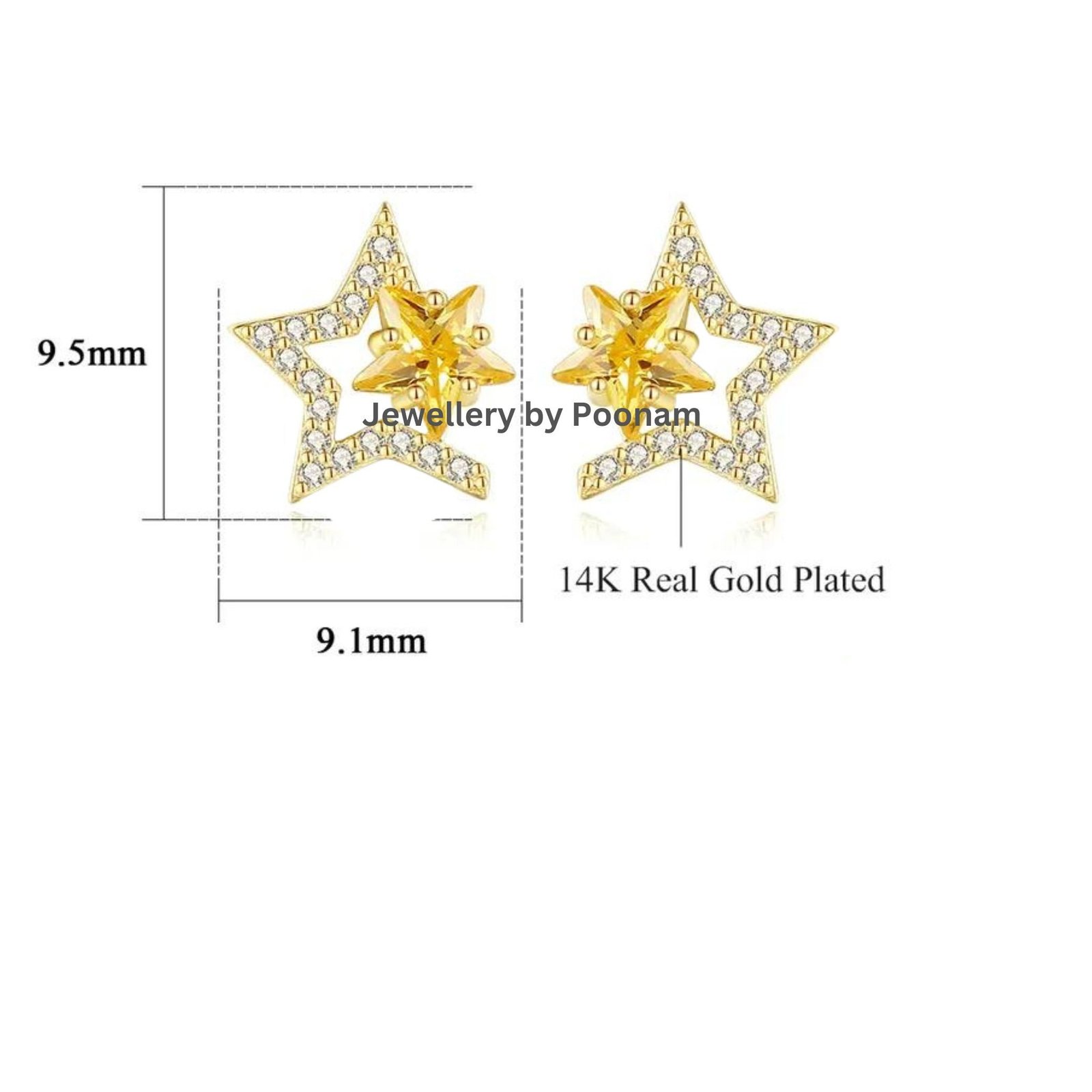 9K/14K Yellow Gold & 925 Sterling Moissanite Star Stud Earrings: CZ Double Star Design - View 2 - Jewelry By Poonam | SKU: E- 9K/14K Yellow Gold & 925 Sterling Moissanite Star Stud Earrings: CZ Double Star Design - View 2 - Jewelry By Poonam | SKU: E-