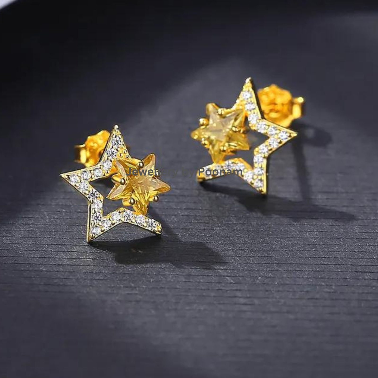 9K/14K Yellow Gold & 925 Sterling Moissanite Star Stud Earrings: CZ Double Star Design - View 3 - Jewelry By Poonam | SKU: E- 9K/14K Yellow Gold & 925 Sterling Moissanite Star Stud Earrings: CZ Double Star Design - View 3 - Jewelry By Poonam | SKU: E-