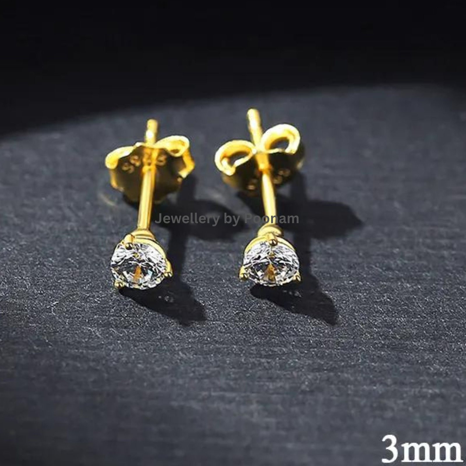 9K/14K Yellow Gold & 925 Sterling Round Cut Stud Earrings: Moissanite or CZ - View 2 - Jewelry By Poonam | SKU: E-113 9K/14K Yellow Gold & 925 Sterling Round Cut Stud Earrings: Moissanite or CZ - View 2 - Jewelry By Poonam | SKU: E-113