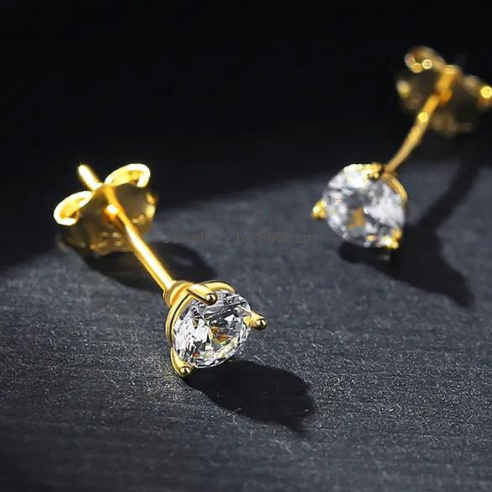 9K/14K Yellow Gold & 925 Sterling Round Cut Stud Earrings: Moissanite or CZ - View 3 - Jewelry By Poonam | SKU: E-113 9K/14K Yellow Gold & 925 Sterling Round Cut Stud Earrings: Moissanite or CZ - View 3 - Jewelry By Poonam | SKU: E-113