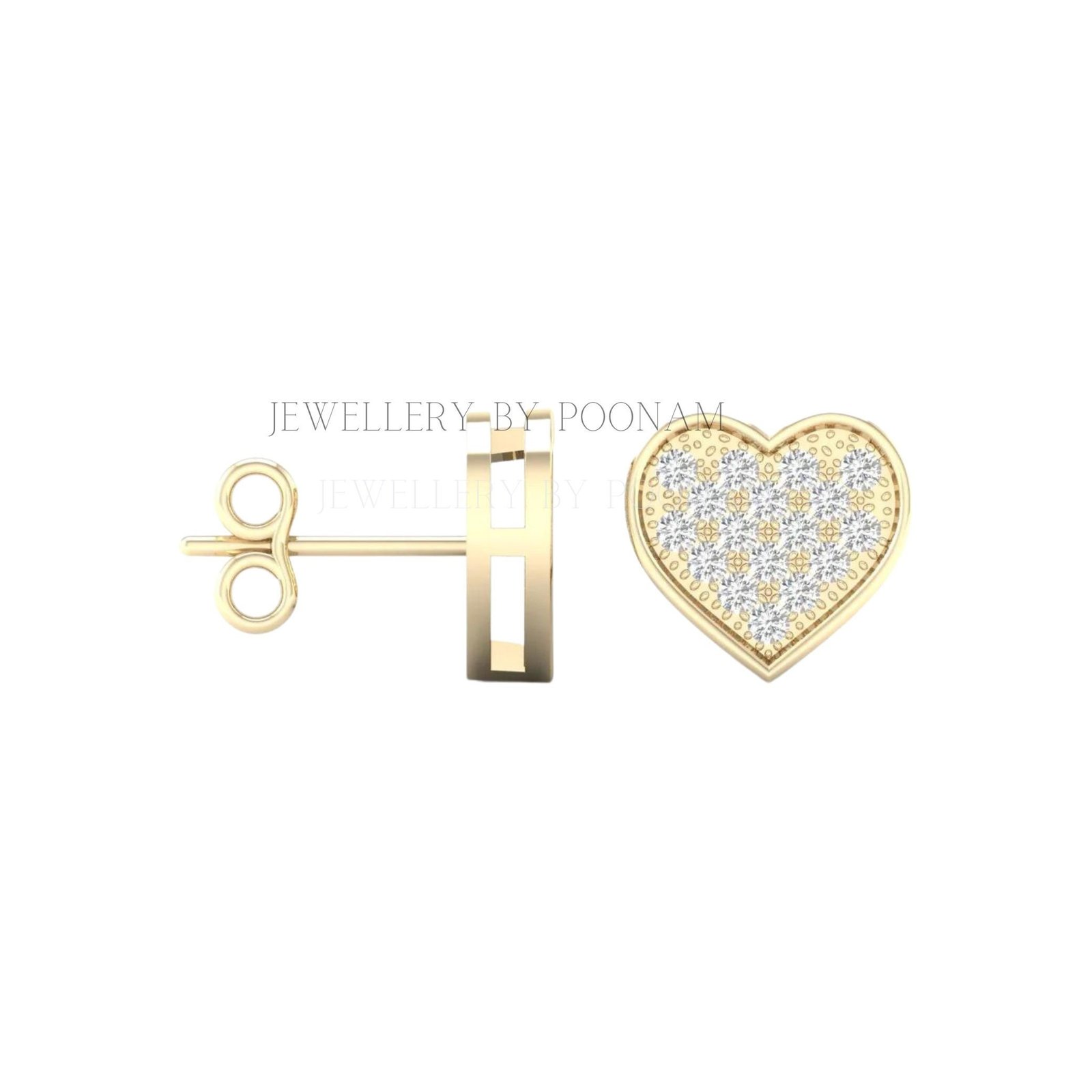 9K/14K Yellow Gold & 925 Sterling Silver Diamond Heart Earrings: Moissanite Studs - View 2 - Jewelry By Poonam | SKU: E-131 9K/14K Yellow Gold & 925 Sterling Silver Diamond Heart Earrings: Moissanite Studs - View 2 - Jewelry By Poonam | SKU: E-131