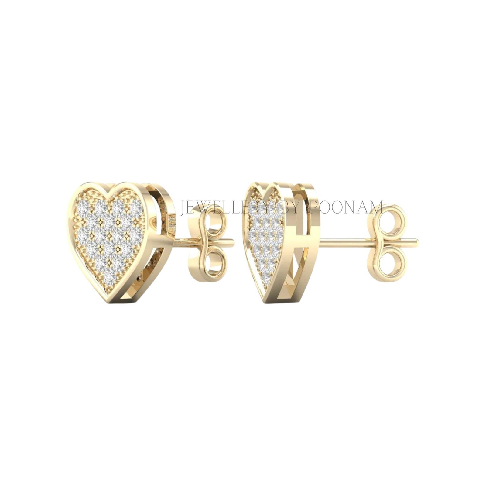 9K/14K Yellow Gold & 925 Sterling Silver Diamond Heart Earrings: Moissanite Studs - View 3 - Jewelry By Poonam | SKU: E-131 9K/14K Yellow Gold & 925 Sterling Silver Diamond Heart Earrings: Moissanite Studs - View 3 - Jewelry By Poonam | SKU: E-131
