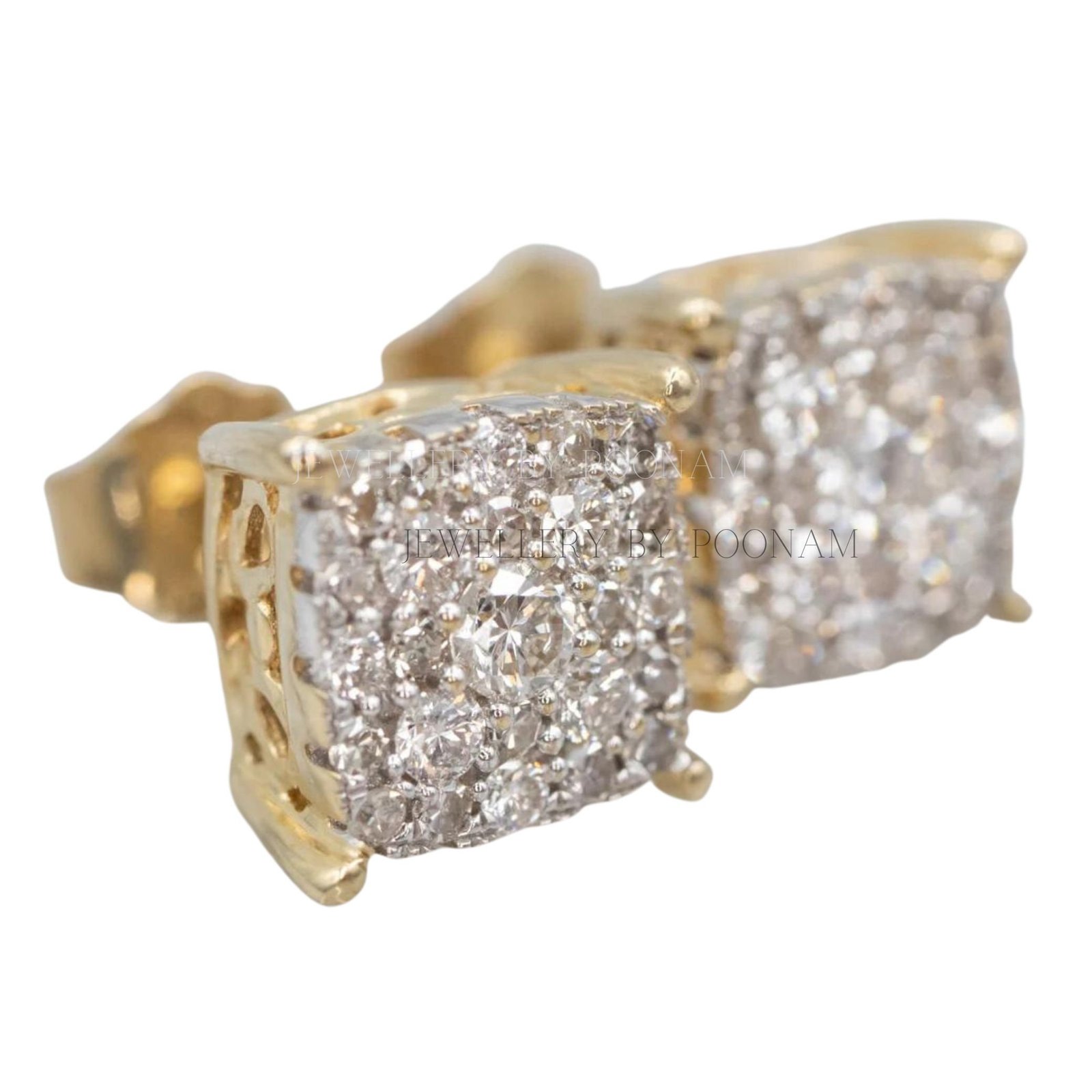 9K/14K Yellow Gold & 925 Sterling Silver Elegant Sparkling Gold Cluster Diamond Stud Earrings - View 2 - Jewelry By Poonam | 9K/14K Yellow Gold & 925 Sterling Silver Elegant Sparkling Gold Cluster Diamond Stud Earrings - View 2 - Jewelry By Poonam |