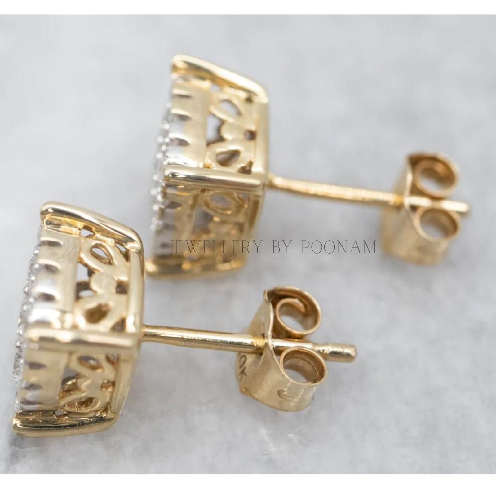 9K/14K Yellow Gold & 925 Sterling Silver Elegant Sparkling Gold Cluster Diamond Stud Earrings - View 3 - Jewelry By Poonam | 9K/14K Yellow Gold & 925 Sterling Silver Elegant Sparkling Gold Cluster Diamond Stud Earrings - View 3 - Jewelry By Poonam |