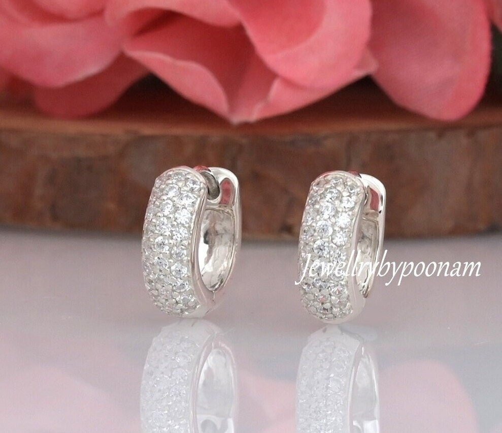 9K/14K Yellow Gold And 925 Sterling Silver Huggie Hoop Earrings: Moissanite & CZ - Jewelry By Poonam | SKU: PJE1612-SLYGWGCZ 9K/14K Yellow Gold And 925 Sterling Silver Huggie Hoop Earrings: Moissanite & CZ - Jewelry By Poonam | SKU: PJE1612-SLYGWGCZ