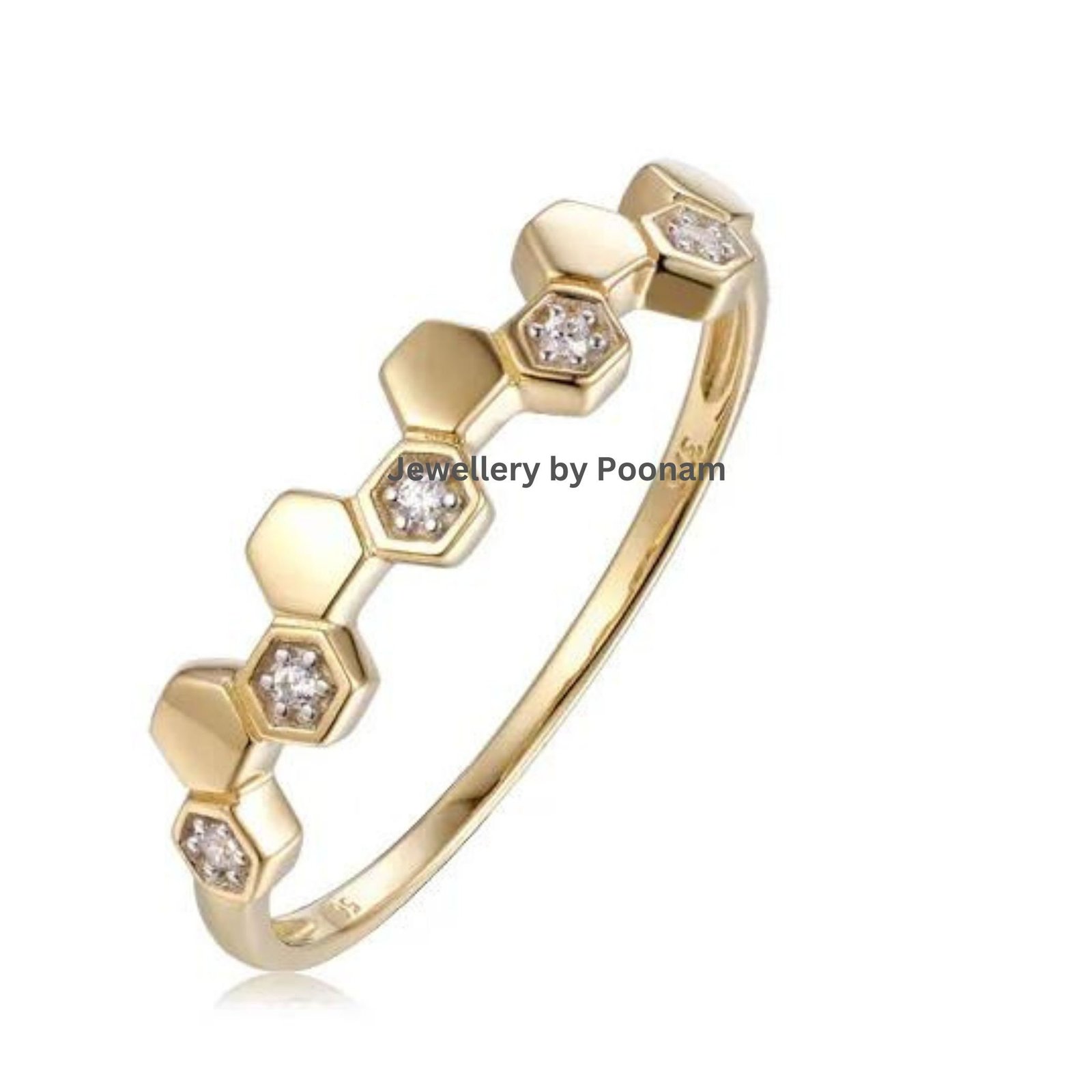 9K Gold Hexagon Ring: Cubic Zircon Engagement Ring - Jewelry By Poonam | SKU: R-1057 9K Gold Hexagon Ring: Cubic Zircon Engagement Ring - Jewelry By Poonam | SKU: R-1057