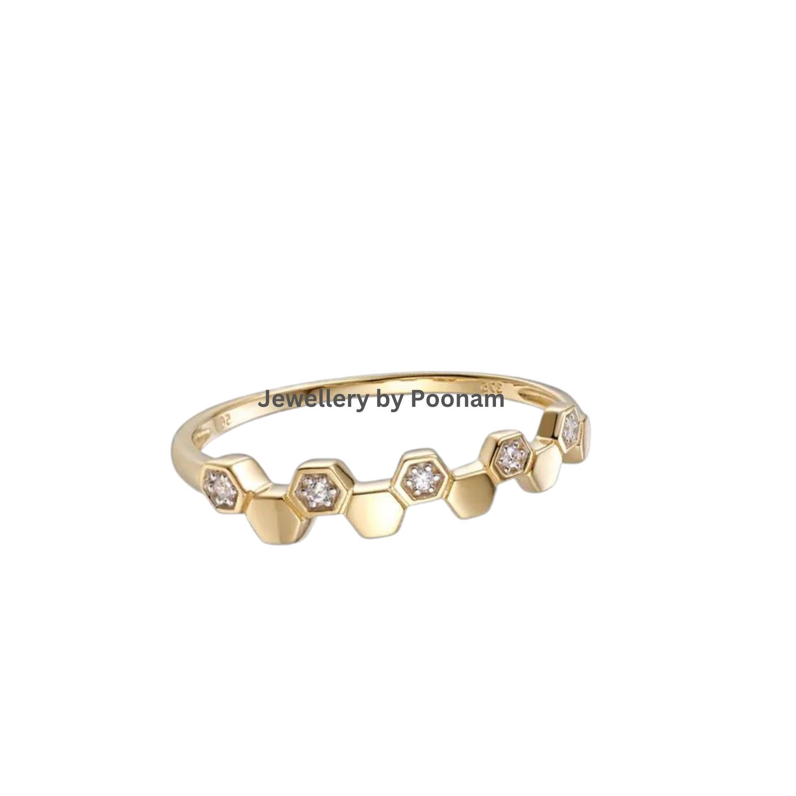 9K Gold Hexagon Ring: Cubic Zircon Engagement Ring - View 2 - Jewelry By Poonam | SKU: R-1057 9K Gold Hexagon Ring: Cubic Zircon Engagement Ring - View 2 - Jewelry By Poonam | SKU: R-1057