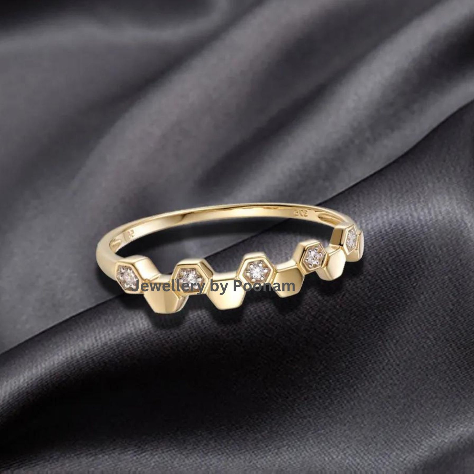 9K Gold Hexagon Ring: Cubic Zircon Engagement Ring - View 3 - Jewelry By Poonam | SKU: R-1057 9K Gold Hexagon Ring: Cubic Zircon Engagement Ring - View 3 - Jewelry By Poonam | SKU: R-1057