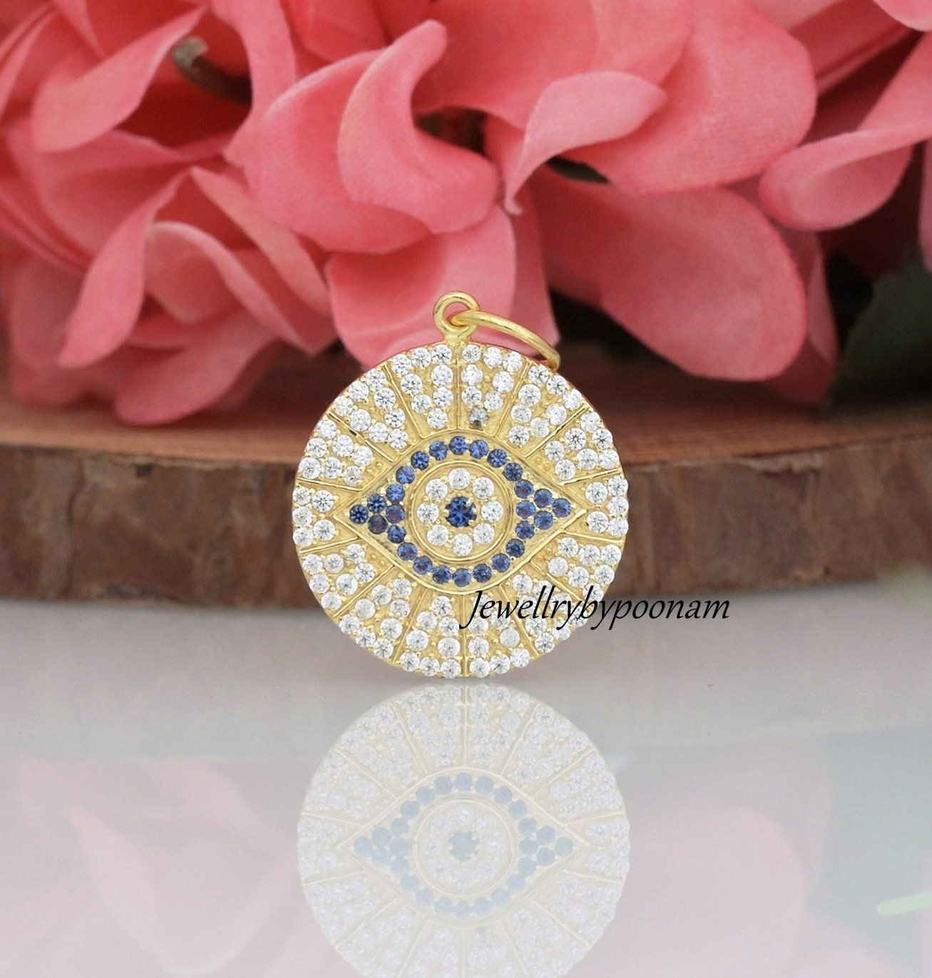 Blue Sapphire CZ Evil Eye Pendant: Sterling Silver Protection Charm - Jewelry By Poonam | SKU: PJP3403-SLYGCZBSP-30M 2/26 Blue Sapphire CZ Evil Eye Pendant: Sterling Silver Protection Charm - Jewelry By Poonam | SKU: PJP3403-SLYGCZBSP-30M 2/26