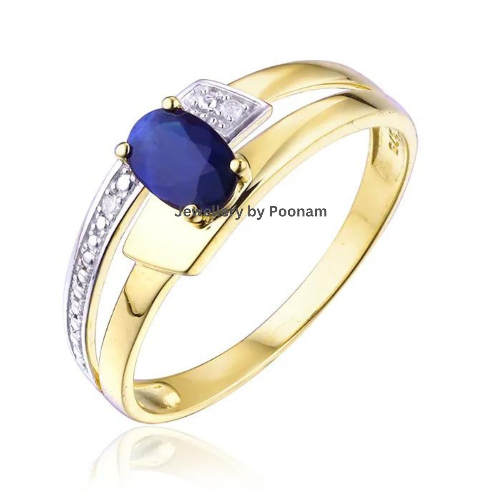 Blue Sapphire Moissanite 925 Gold Plated Wedding Ring - Jewelry By Poonam | SKU: R-1061 Blue Sapphire Moissanite 925 Gold Plated Wedding Ring - Jewelry By Poonam | SKU: R-1061