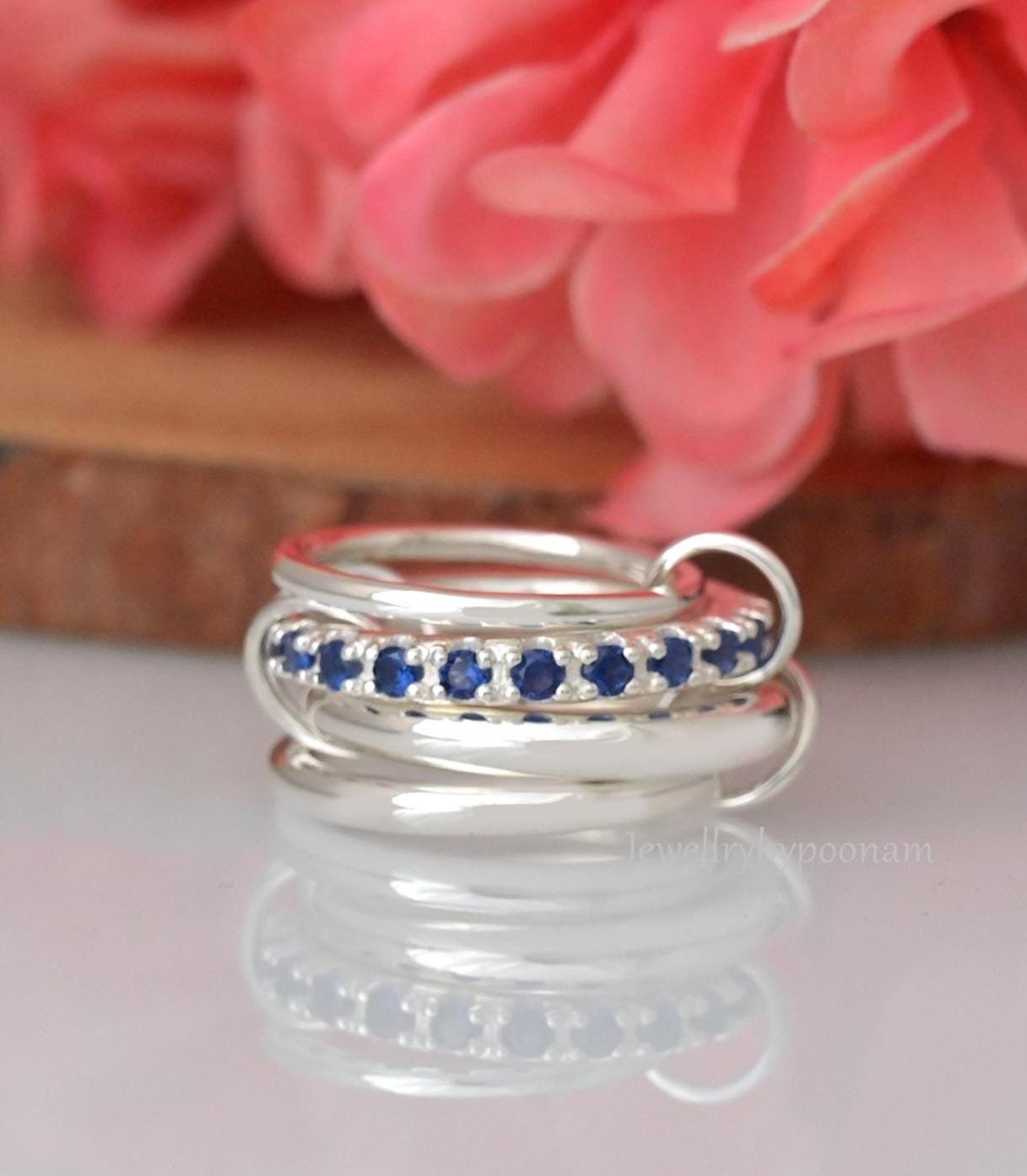 Blue Sapphire Silver Connector Band Ring, Multi Link Eternity Ring - Jewelry By Poonam | SKU: PJR3002-SLNSBSP-US-7.5 2/26 Blue Sapphire Silver Connector Band Ring, Multi Link Eternity Ring - Jewelry By Poonam | SKU: PJR3002-SLNSBSP-US-7.5 2/26