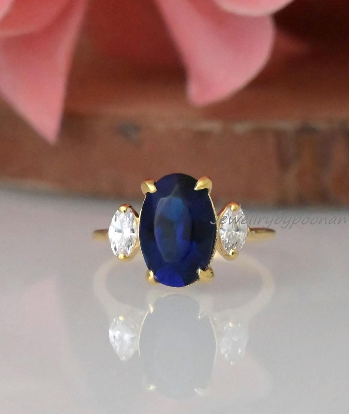 Blue Sapphire Three Stone Engagement Ring: 9K Gold & Sterling Silver - Jewelry By Poonam | SKU: PJR2966-SLYGBSPCZ-US-6 Blue Sapphire Three Stone Engagement Ring: 9K Gold & Sterling Silver - Jewelry By Poonam | SKU: PJR2966-SLYGBSPCZ-US-6