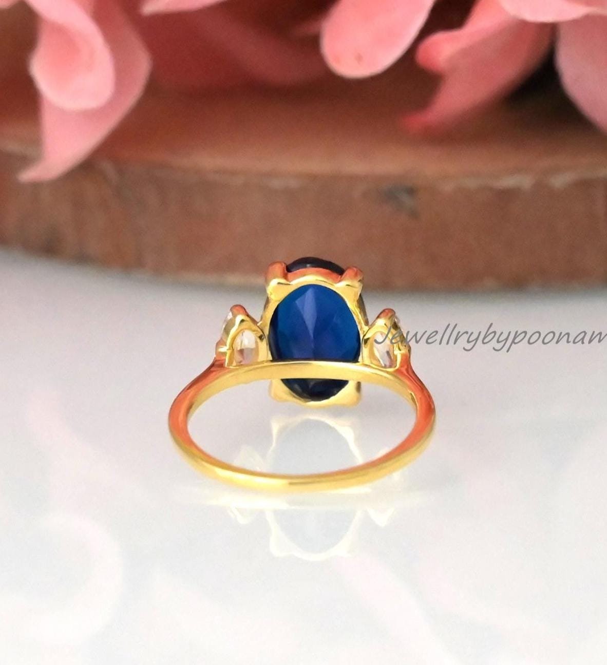 Blue Sapphire Three Stone Engagement Ring: 9K Gold & Sterling Silver - View 2 - Jewelry By Poonam | SKU: PJR2966-SLYGBSPCZ-US Blue Sapphire Three Stone Engagement Ring: 9K Gold & Sterling Silver - View 2 - Jewelry By Poonam | SKU: PJR2966-SLYGBSPCZ-US