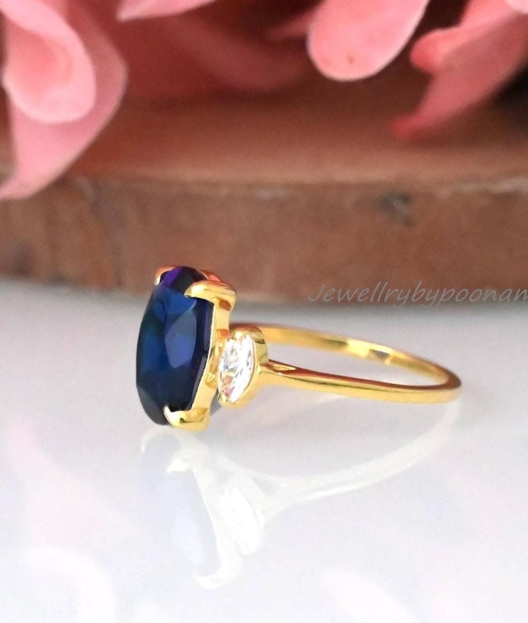 Blue Sapphire Three Stone Engagement Ring: 9K Gold & Sterling Silver - View 3 - Jewelry By Poonam | SKU: PJR2966-SLYGBSPCZ-US Blue Sapphire Three Stone Engagement Ring: 9K Gold & Sterling Silver - View 3 - Jewelry By Poonam | SKU: PJR2966-SLYGBSPCZ-US
