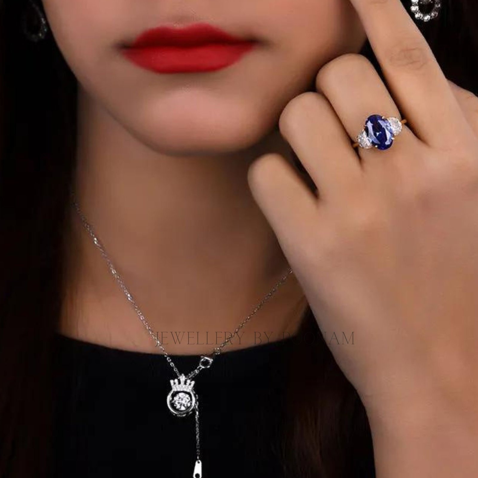 Blue Sapphire Three Stone Engagement Ring: 9K Gold & Sterling Silver - View 4 - Jewelry By Poonam | SKU: PJR2966-SLYGBSPCZ-US Blue Sapphire Three Stone Engagement Ring: 9K Gold & Sterling Silver - View 4 - Jewelry By Poonam | SKU: PJR2966-SLYGBSPCZ-US