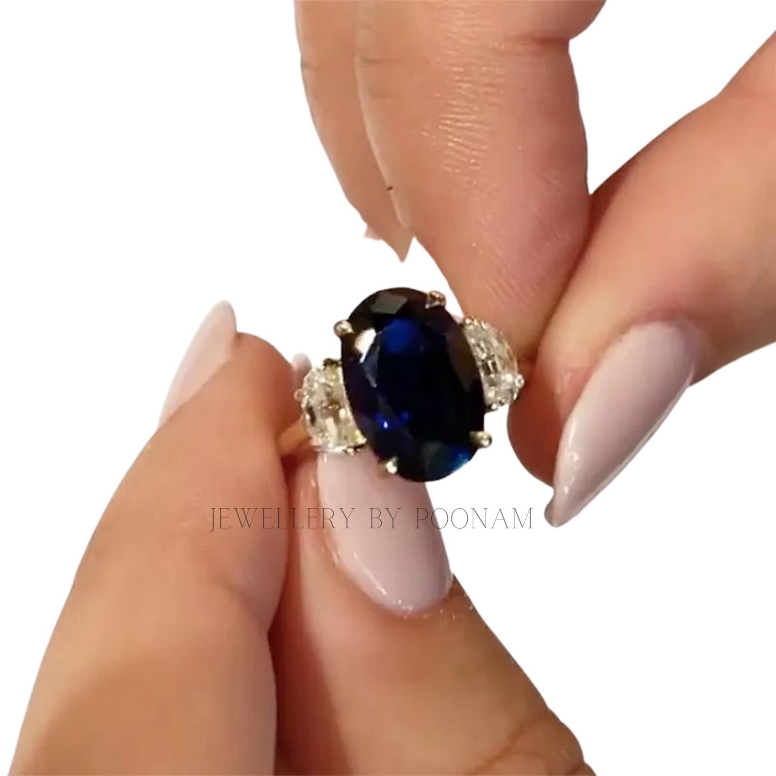 Blue Sapphire Three Stone Engagement Ring: 9K Gold & Sterling Silver - View 5 - Jewelry By Poonam | SKU: PJR2966-SLYGBSPCZ-US Blue Sapphire Three Stone Engagement Ring: 9K Gold & Sterling Silver - View 5 - Jewelry By Poonam | SKU: PJR2966-SLYGBSPCZ-US