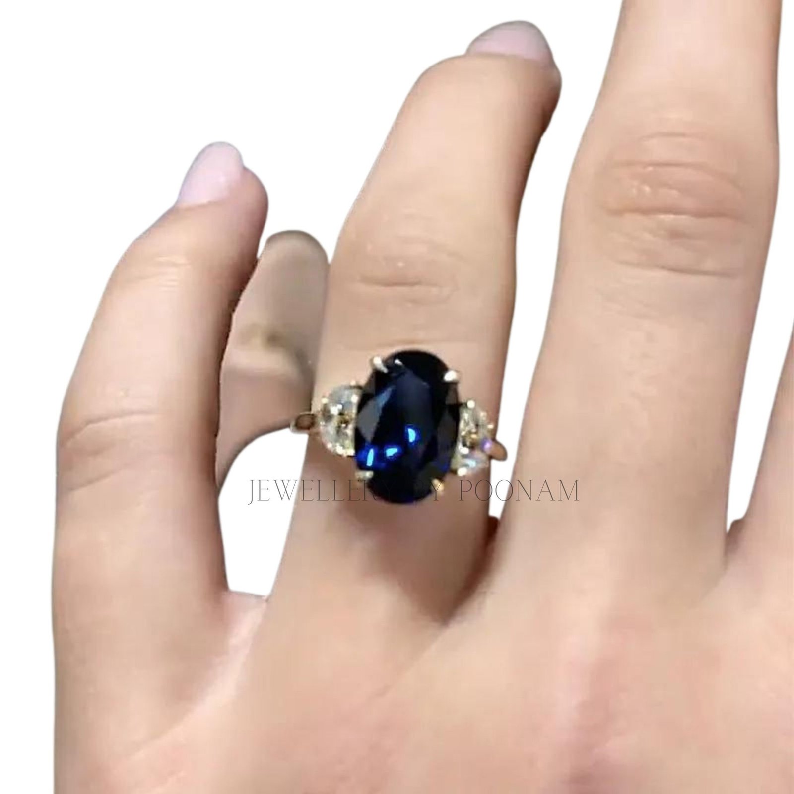 Blue Sapphire Three Stone Engagement Ring: 9K Gold & Sterling Silver - View 6 - Jewelry By Poonam | SKU: PJR2966-SLYGBSPCZ-US Blue Sapphire Three Stone Engagement Ring: 9K Gold & Sterling Silver - View 6 - Jewelry By Poonam | SKU: PJR2966-SLYGBSPCZ-US
