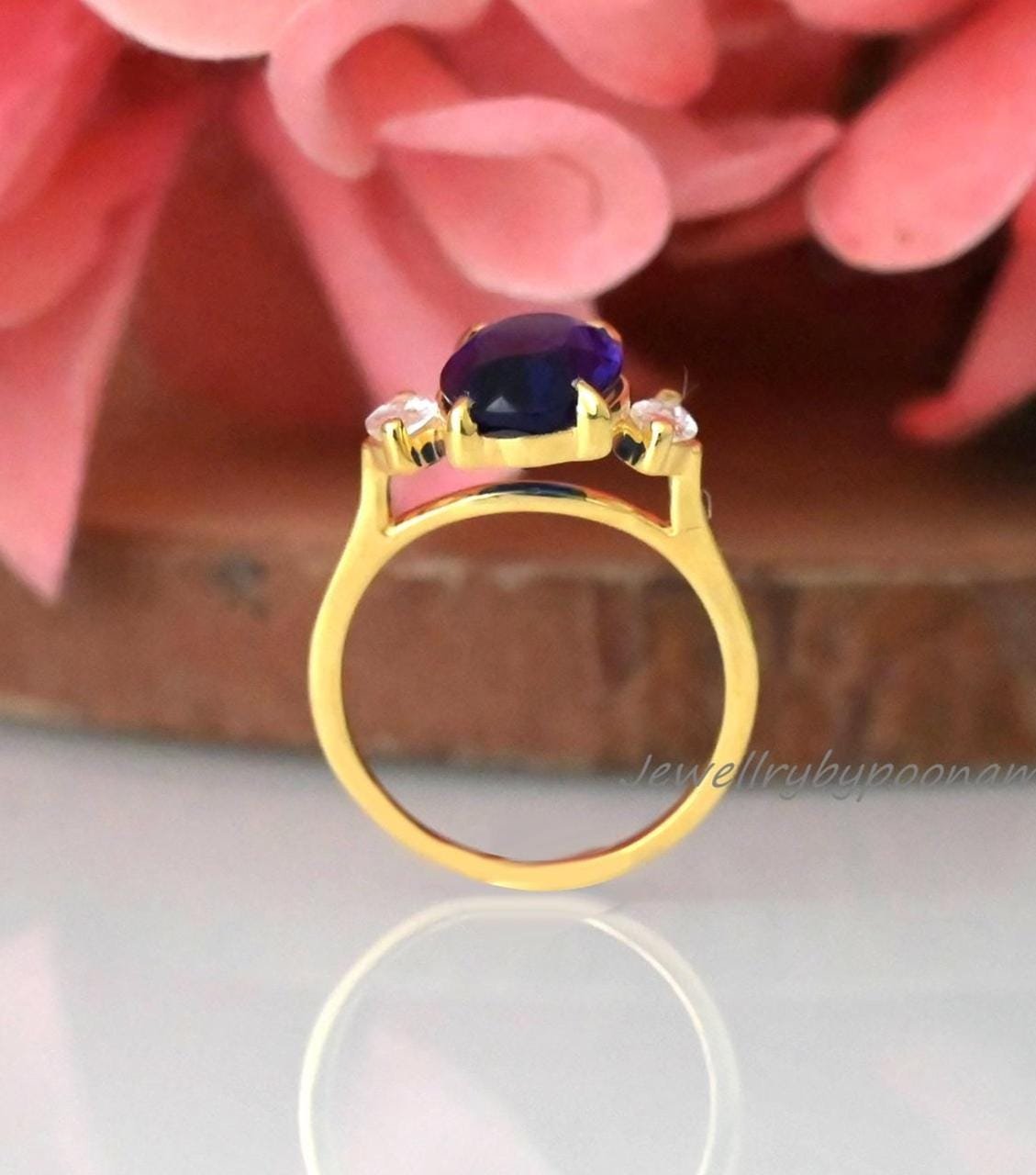 Blue Sapphire Three Stone Engagement Ring: 9K Gold & Sterling Silver - View 7 - Jewelry By Poonam | SKU: PJR2966-SLYGBSPCZ-US Blue Sapphire Three Stone Engagement Ring: 9K Gold & Sterling Silver - View 7 - Jewelry By Poonam | SKU: PJR2966-SLYGBSPCZ-US