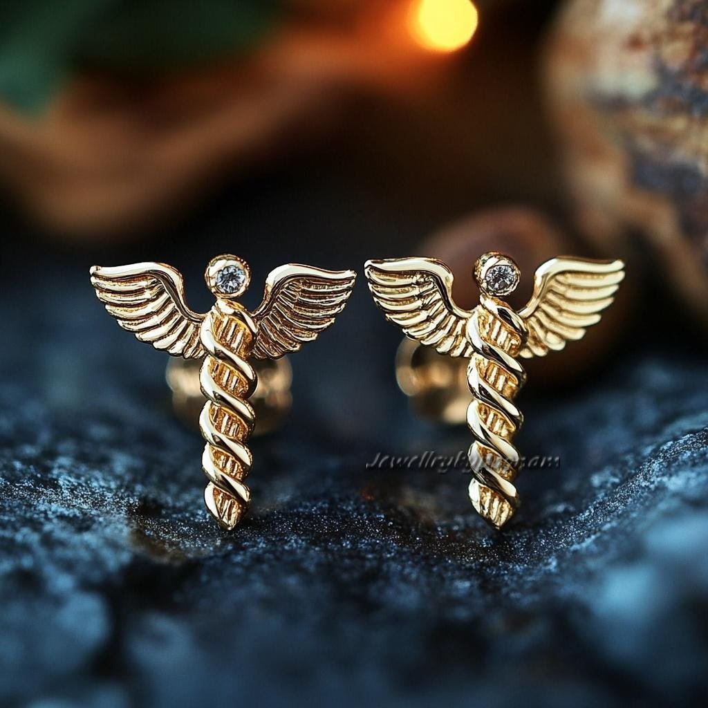 Caduceus Stud Earrings: 925 Sterling Silver Medical Symbol - Jewelry By Poonam | SKU: PJE- Caduceus Stud Earrings: 925 Sterling Silver Medical Symbol - Jewelry By Poonam | SKU: PJE-