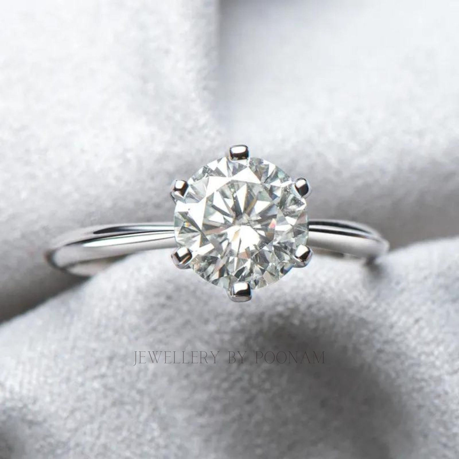Classic Round Cut Moissanite Engagement Ring – 925 Sterling Silver Bridal Ring - Jewelry By Poonam | SKU: R-1193 Classic Round Cut Moissanite Engagement Ring – 925 Sterling Silver Bridal Ring - Jewelry By Poonam | SKU: R-1193