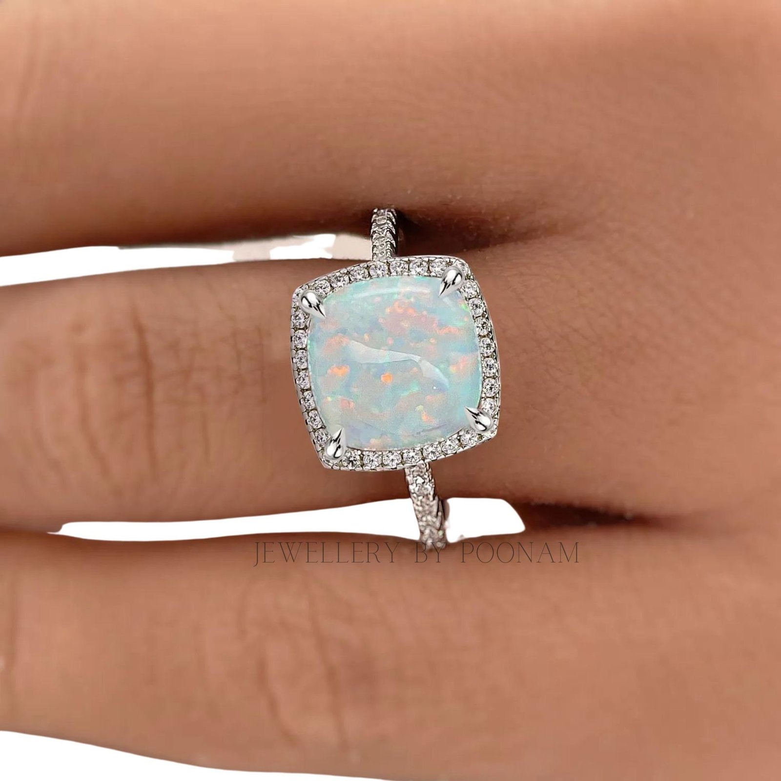 Cushion Cut Opal Halo Ring: Vintage Sterling Silver Engagement Ring - Jewelry By Poonam | SKU: MJR3167-SLWGEOPMN-US-9 Cushion Cut Opal Halo Ring: Vintage Sterling Silver Engagement Ring - Jewelry By Poonam | SKU: MJR3167-SLWGEOPMN-US-9