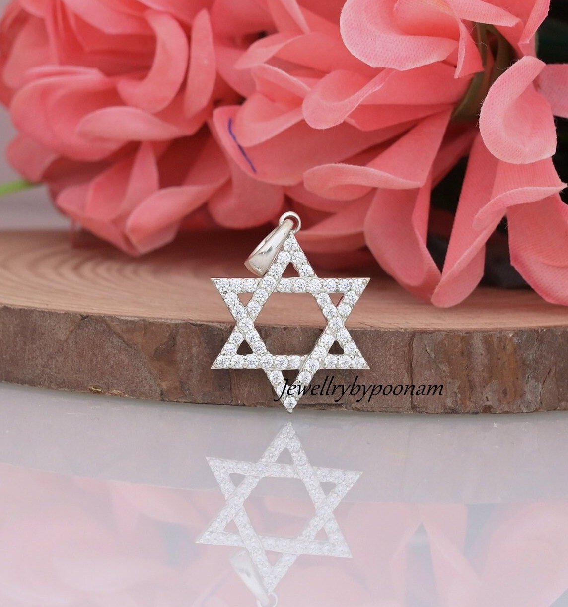 CZ Diamond Star of David Pendant: 925 Sterling Silver Charm (30 MM) - Jewelry By Poonam | SKU: PJP3179-SLNSCZ-30M 2/26 CZ Diamond Star of David Pendant: 925 Sterling Silver Charm (30 MM) - Jewelry By Poonam | SKU: PJP3179-SLNSCZ-30M 2/26