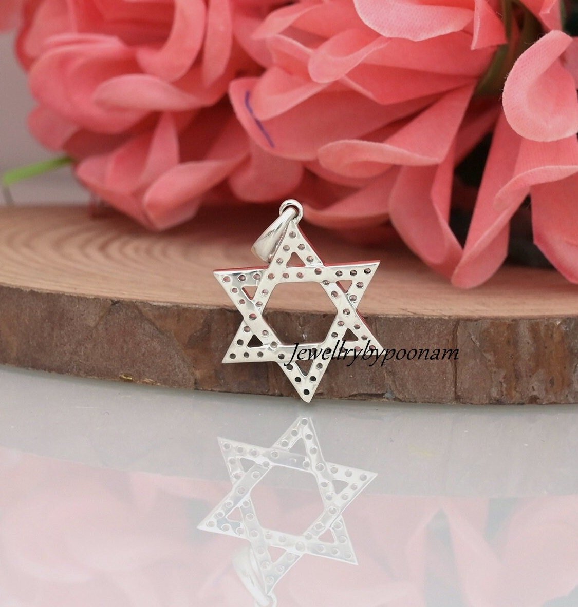 CZ Diamond Star of David Pendant: 925 Sterling Silver Charm (30 MM) - View 2 - Jewelry By Poonam | SKU: PJP3179-SLNSCZ-30M 2/ CZ Diamond Star of David Pendant: 925 Sterling Silver Charm (30 MM) - View 2 - Jewelry By Poonam | SKU: PJP3179-SLNSCZ-30M 2/