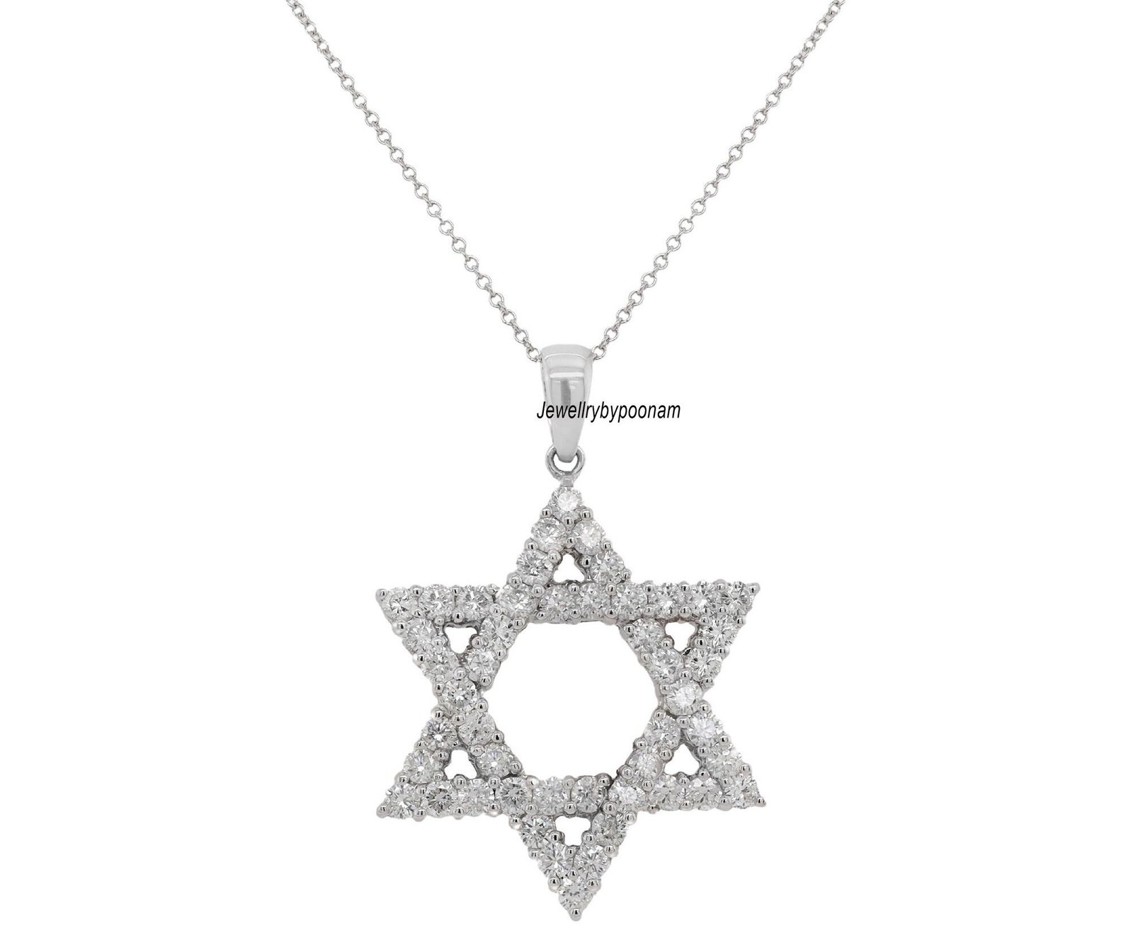 CZ Diamond Star of David Pendant: 925 Sterling Silver Charm (30 MM) - View 3 - Jewelry By Poonam | SKU: PJP3179-SLNSCZ-30M 2/ CZ Diamond Star of David Pendant: 925 Sterling Silver Charm (30 MM) - View 3 - Jewelry By Poonam | SKU: PJP3179-SLNSCZ-30M 2/